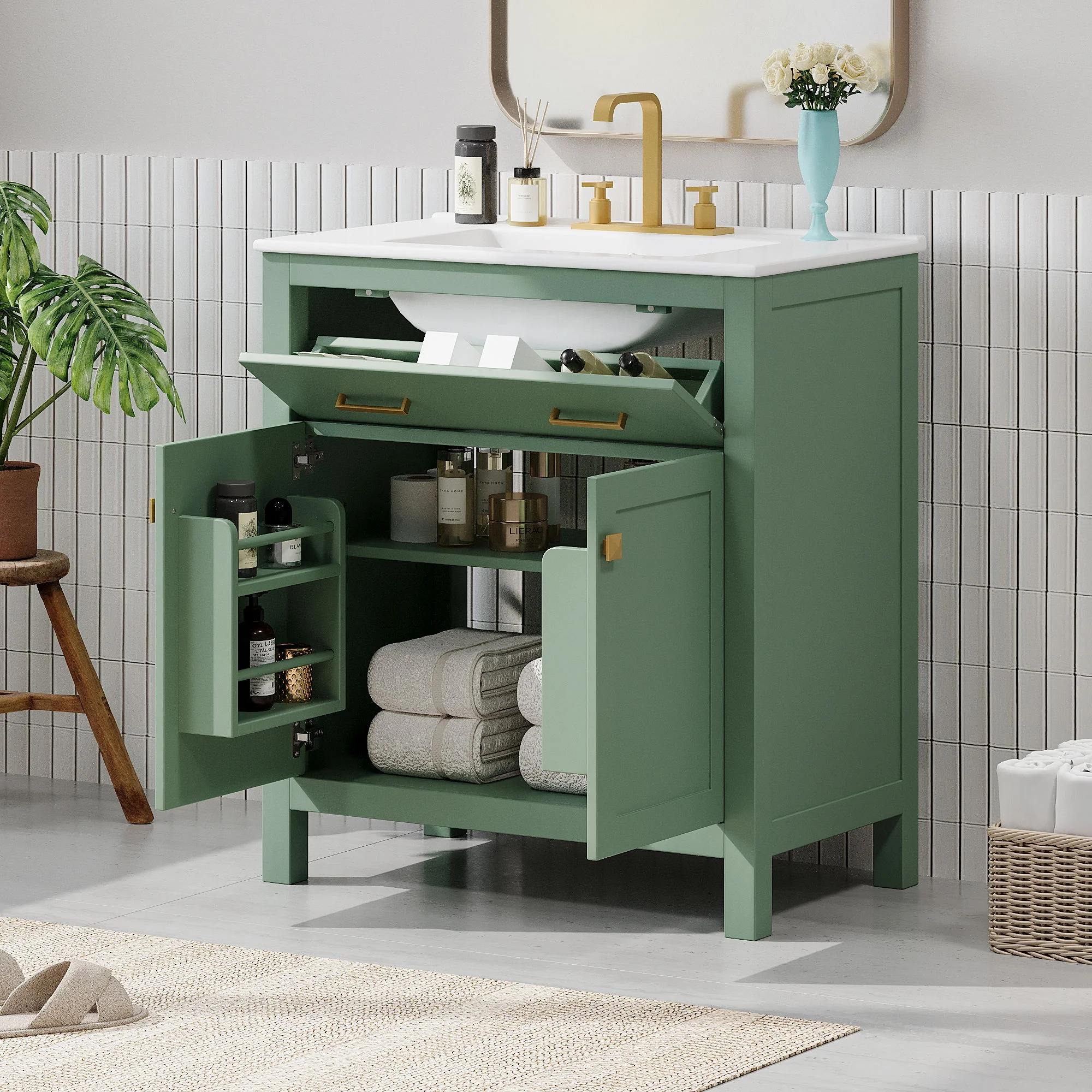 Bathroom Vanity With Ceramic Sink, Modern Single Bathroom Cabinet With 2 Doors And A Shelf, Soft Close Doors - Image 21