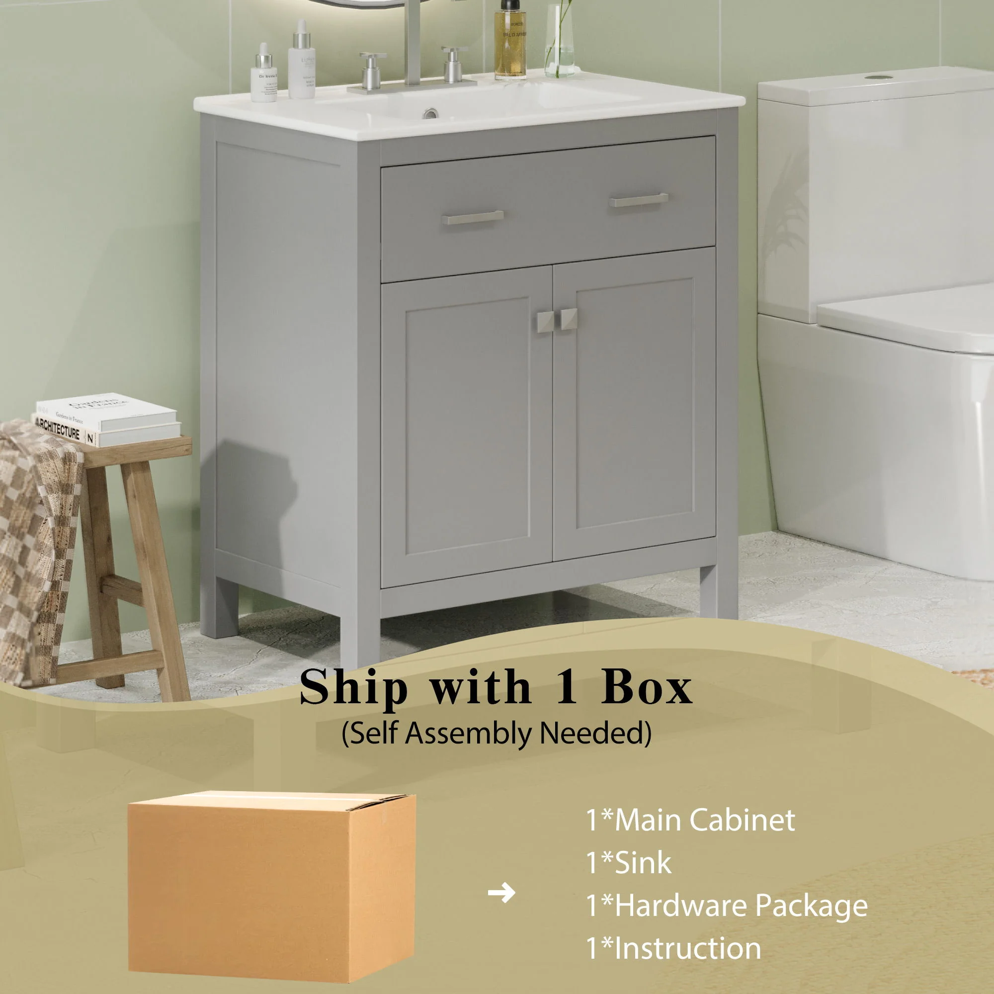 Bathroom Vanity With Ceramic Sink, Modern Single Bathroom Cabinet With 2 Doors And A Shelf, Soft Close Doors - Image 22