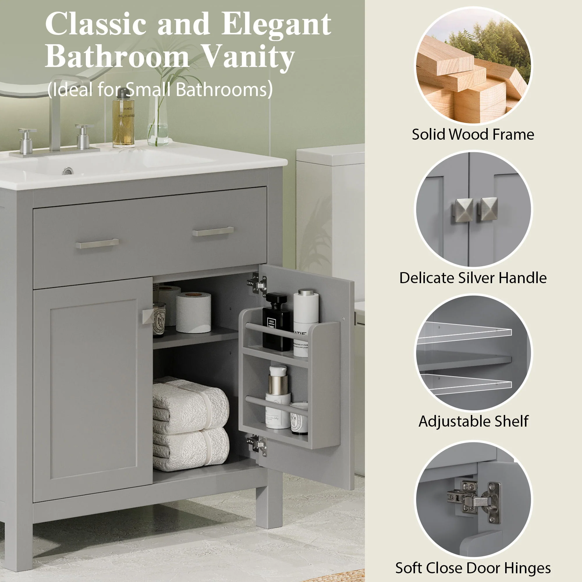 Bathroom Vanity With Ceramic Sink, Modern Single Bathroom Cabinet With 2 Doors And A Shelf, Soft Close Doors - Image 30