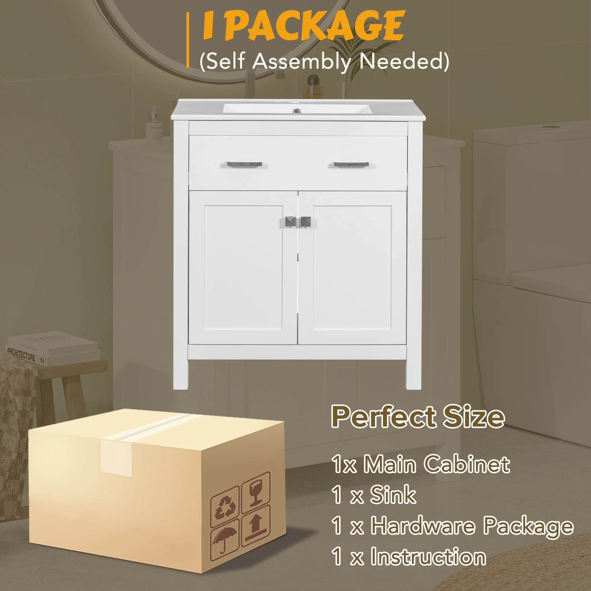 Bathroom Vanity With Ceramic Sink, Modern Single Bathroom Cabinet With 2 Doors And A Shelf, Soft Close Doors - Image 35