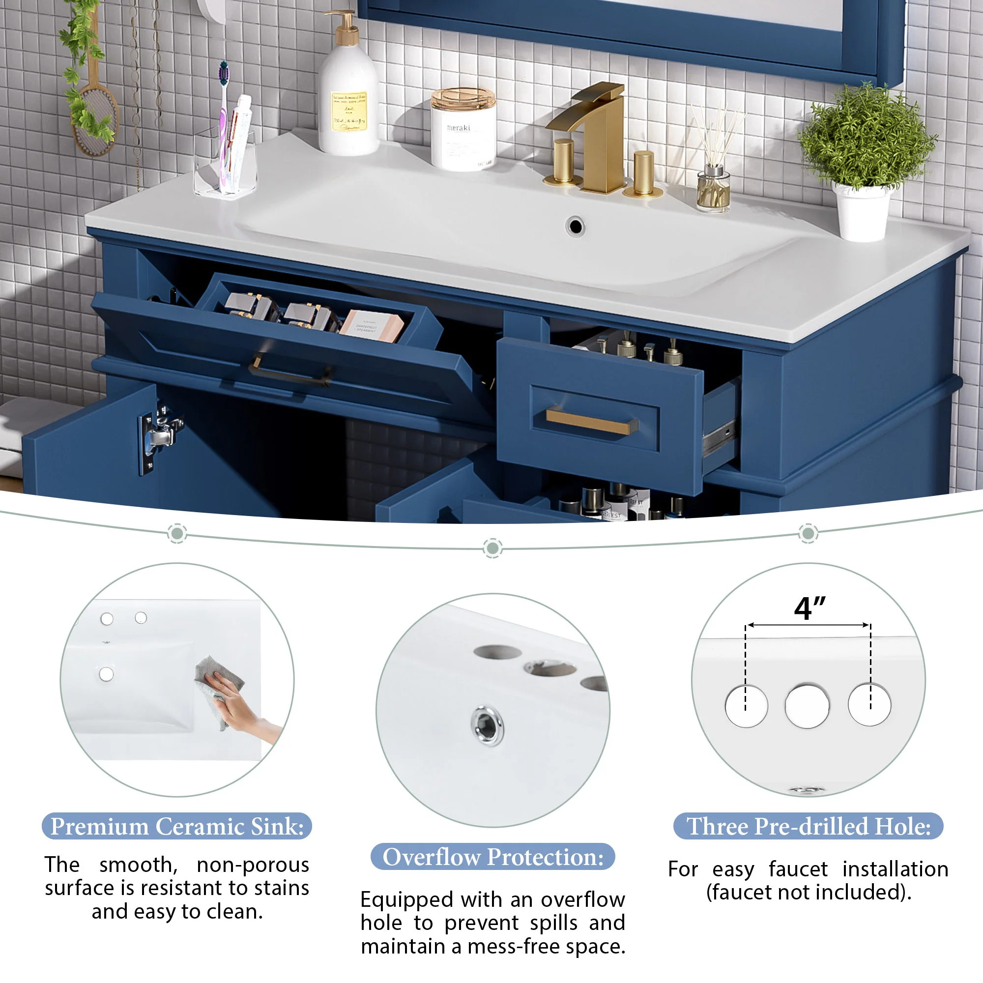 Bathroom Vanity With Ceramic Sink, Soft-Close Doors, 4 Storage Drawers - Blue - Image 7