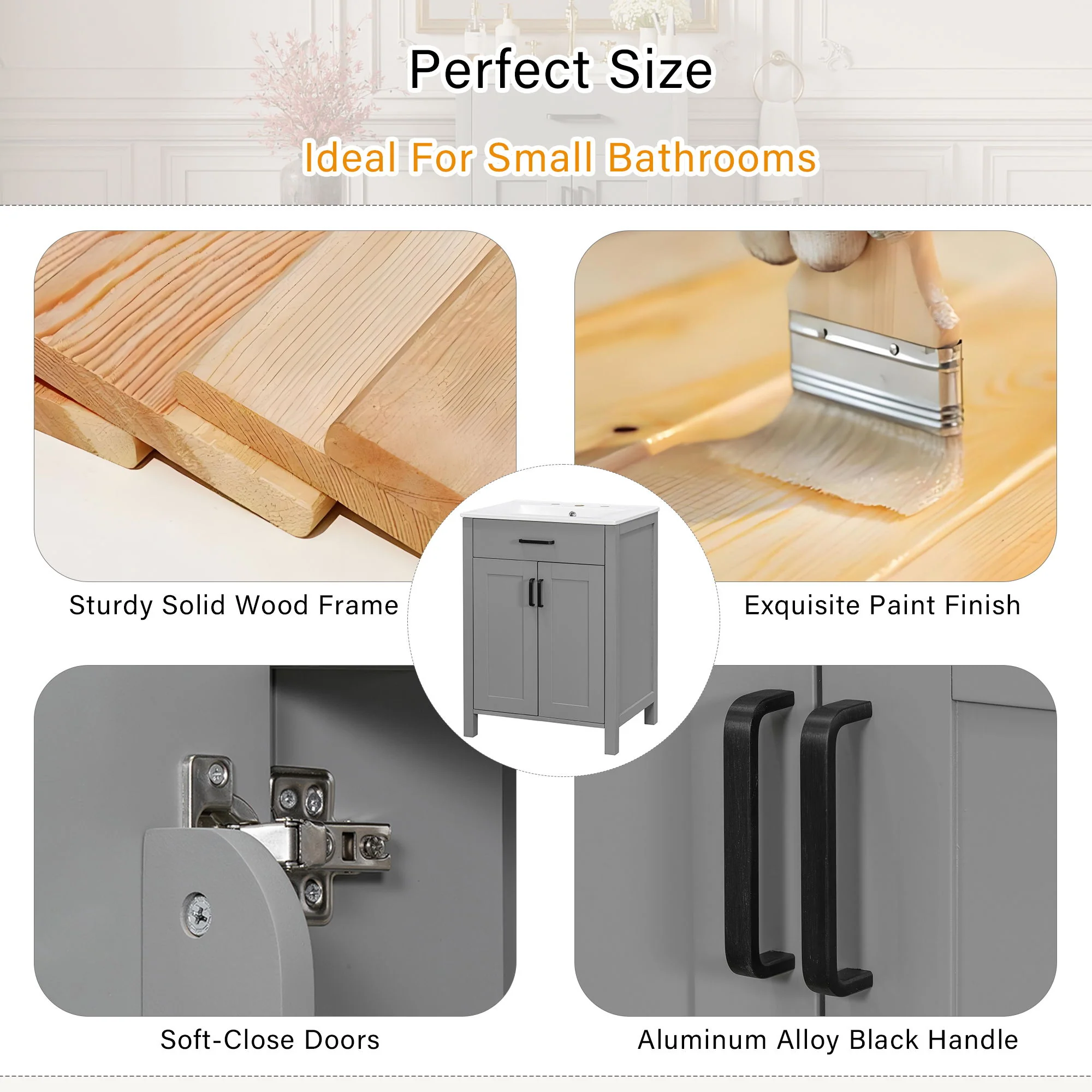 Bathroom Vanity With Ceramic Sink, Soft Close Doors, Flip Drawer, Double Layer Door Shelves - Image 4