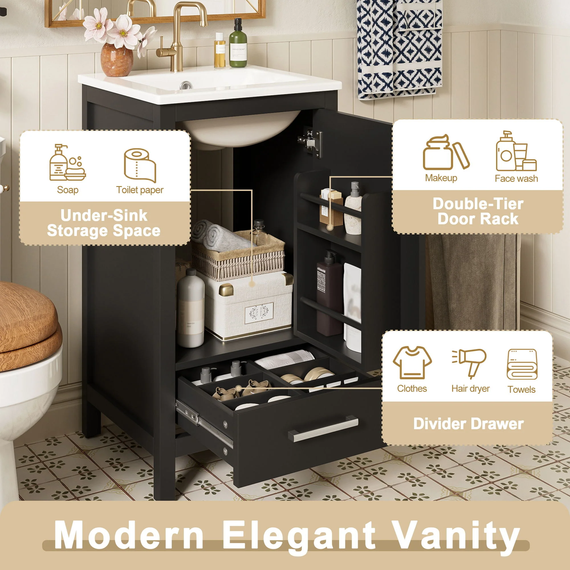Bathroom Vanity With Ceramic Sink, Soft Close Drawers, Door Organizer, Divider Drawer, Adjustable Foot Pads - Image 11