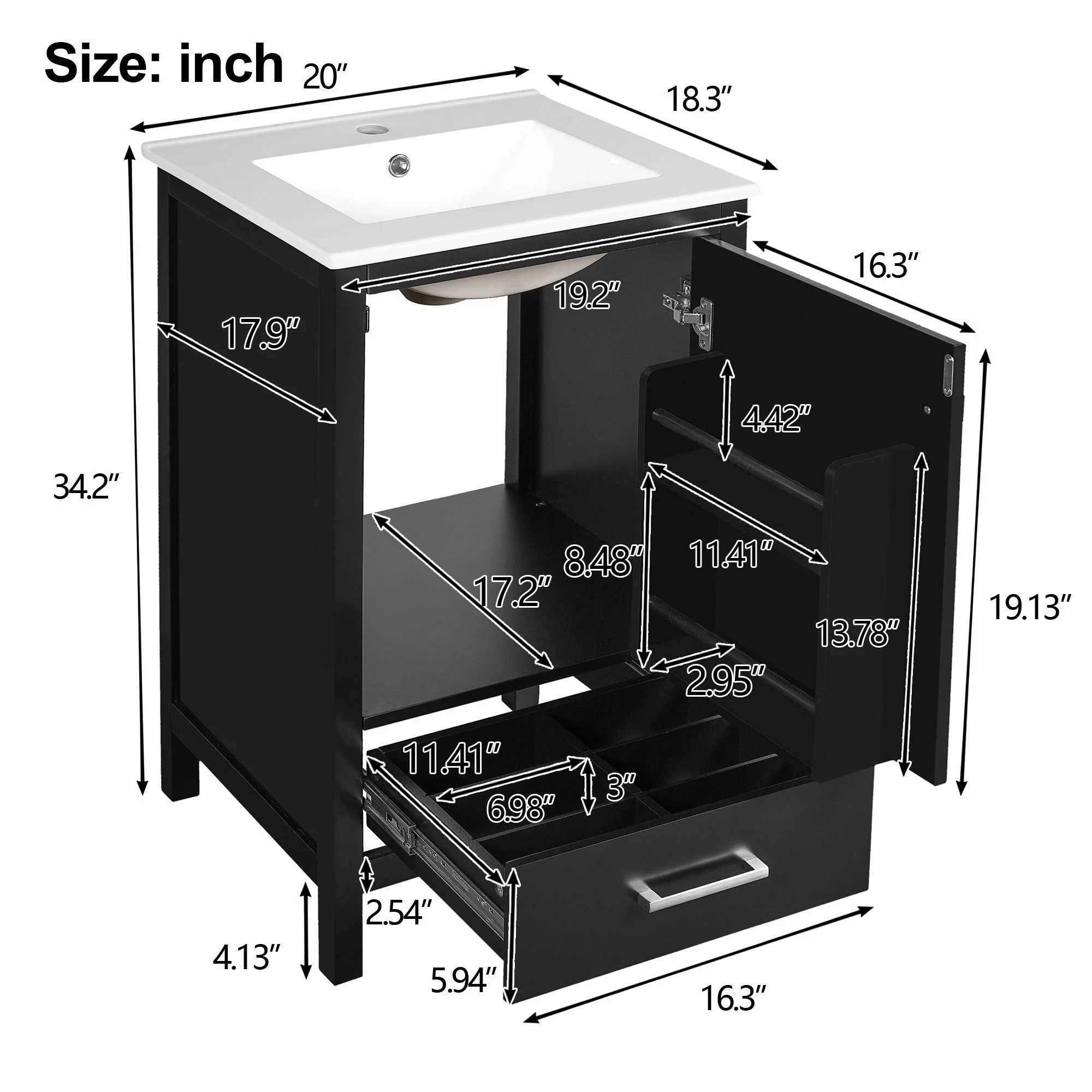 Bathroom Vanity With Ceramic Sink, Soft Close Drawers, Door Organizer, Divider Drawer, Adjustable Foot Pads - Image 28