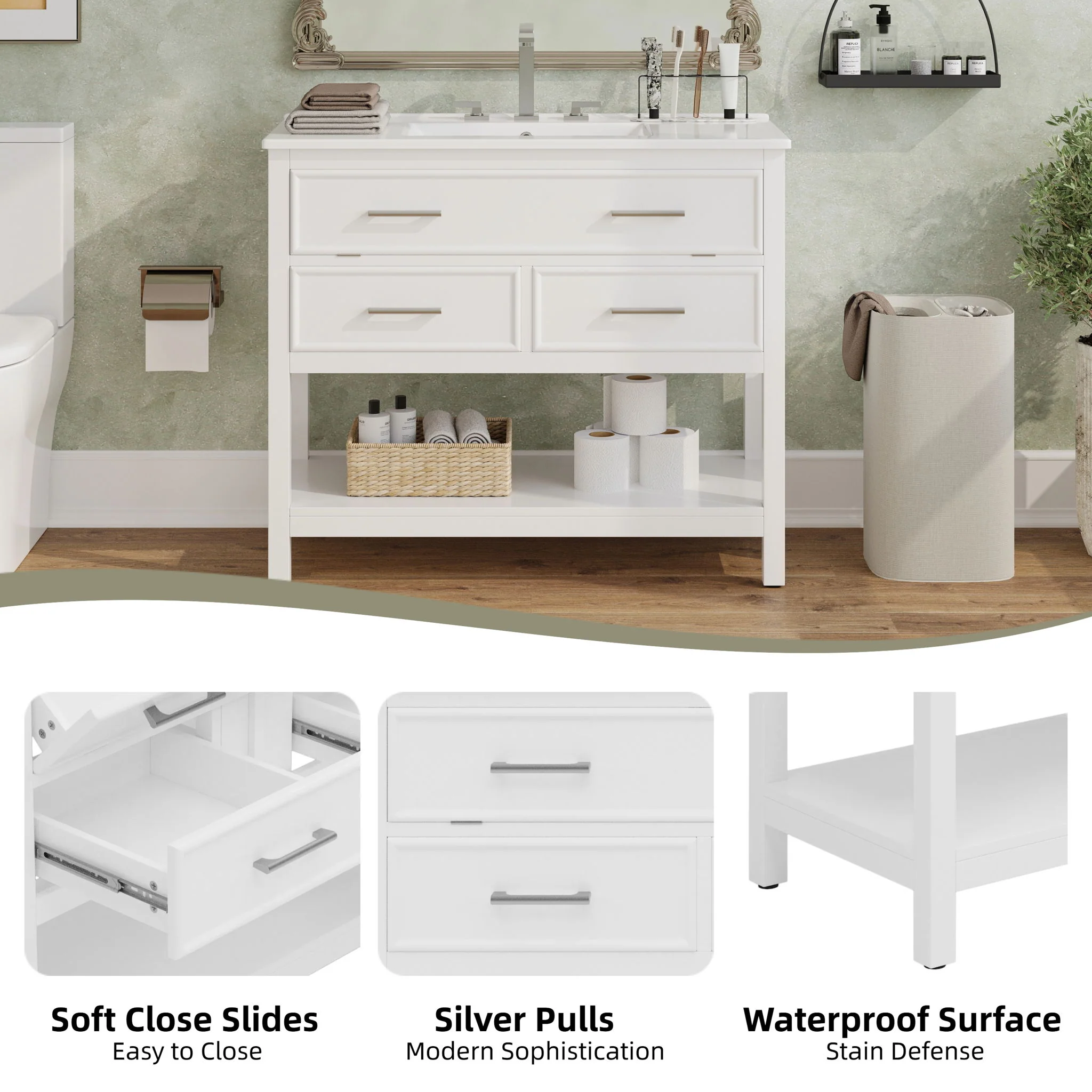Bathroom Vanity With Ceramic Sink, Tip Out Tray & 2 Full Extension Drawers - Image 4