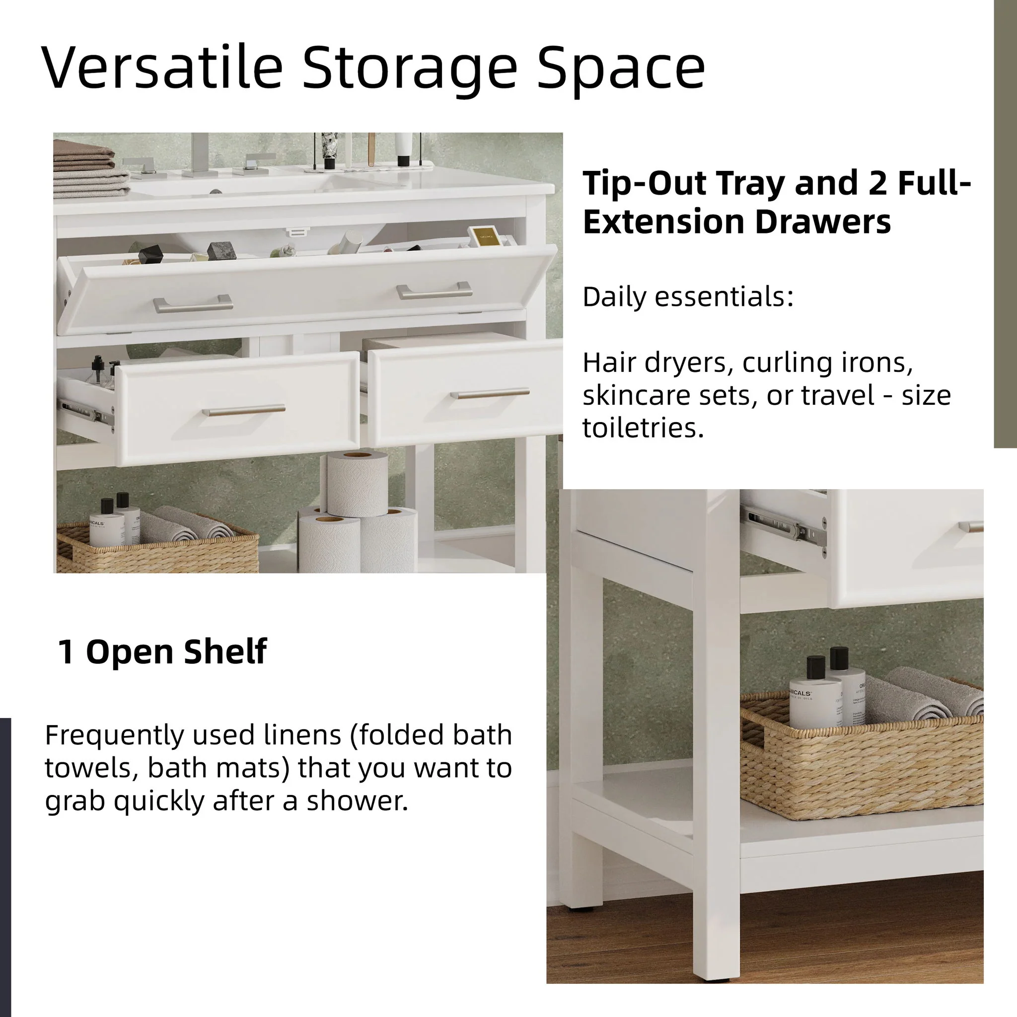 Bathroom Vanity With Ceramic Sink, Tip Out Tray & 2 Full Extension Drawers - Image 9