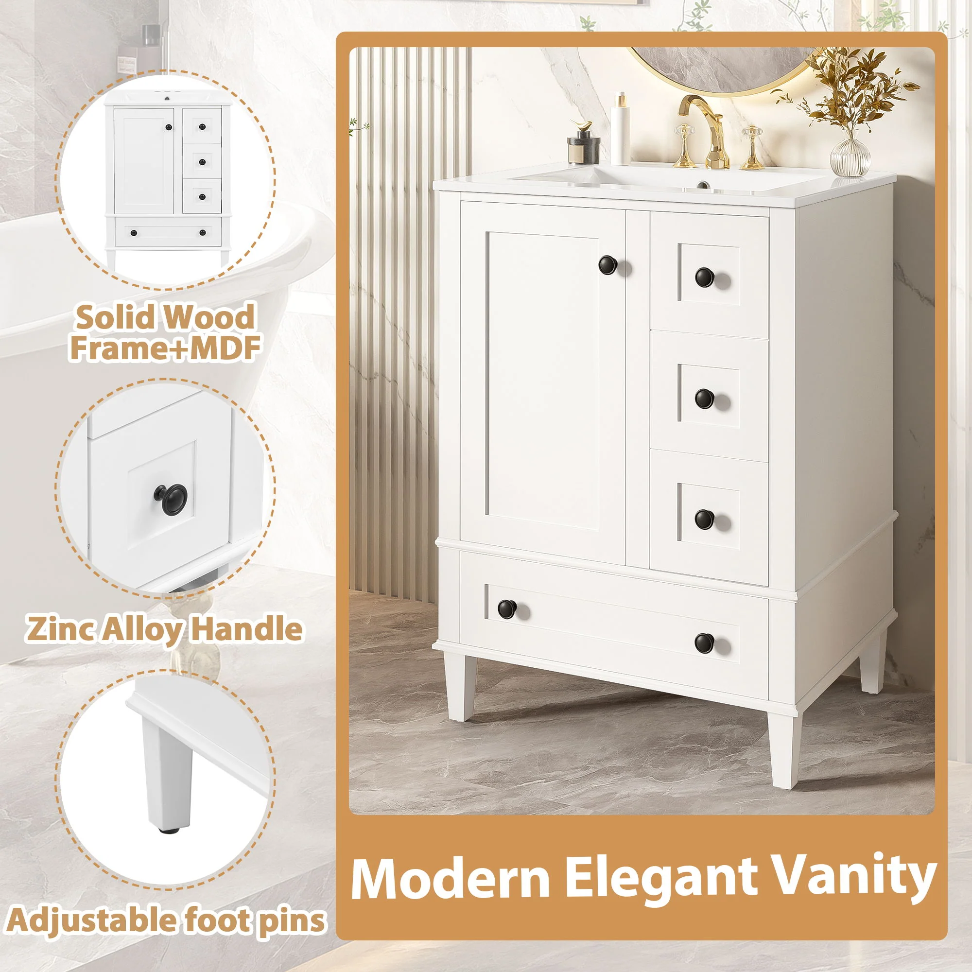 Bathroom Vanity With Integrated Basin, Soft Close Drawers, Door Mounted Double Layer Shelf - Image 13