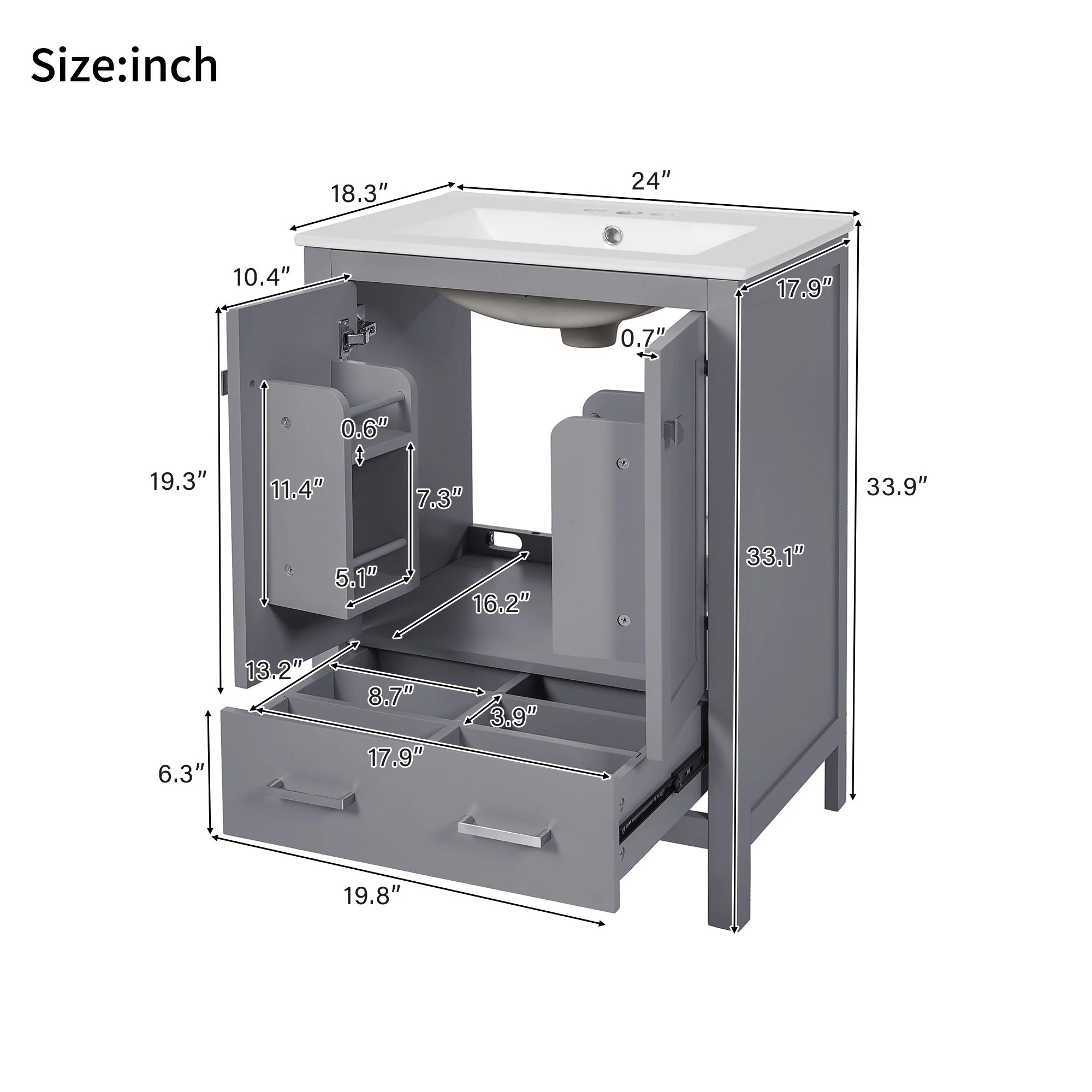 Bathroom Vanity With Integrated Undermount Ceramic Sink, 2 Doors And 1 Drawer, Soft Close Hinges - Image 12