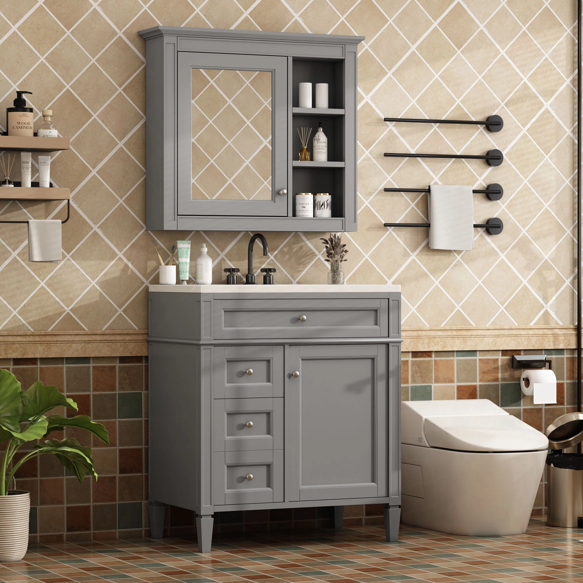 Bathroom Vanity With Medicine Cabinet, Royal Mirror Cabinet, Modern Bathroom Storage Cabinet With 2 Soft Closing Doors And 4 Drawers - Image 16