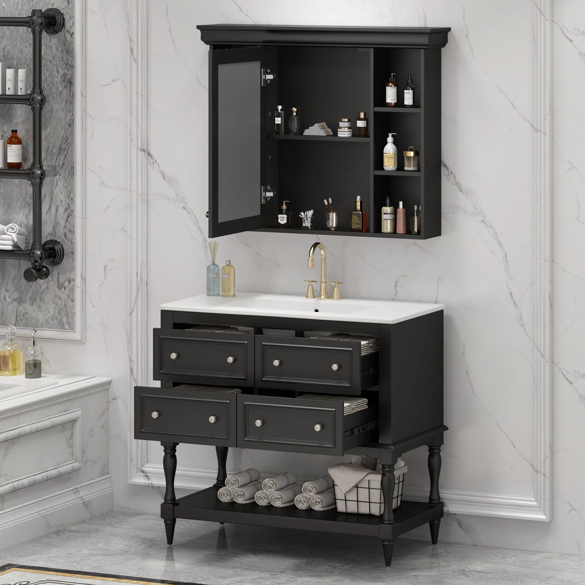 Bathroom Vanity With Medicine Cabinet, Storage Cabinet With 4 Drawers, Adjustable Shelf Mirror - Image 24