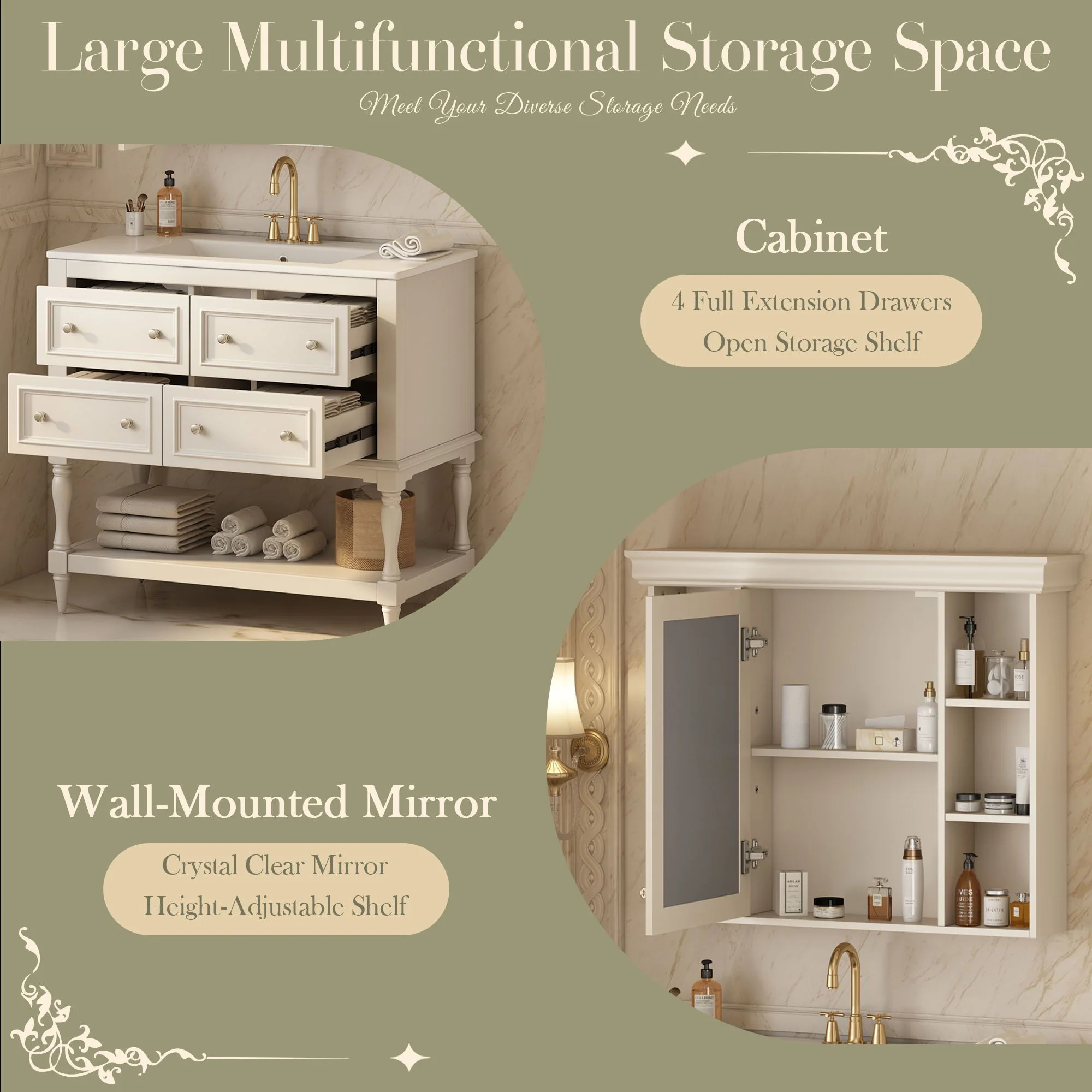 Bathroom Vanity With Medicine Cabinet, Storage Cabinet With 4 Drawers, Adjustable Shelf Mirror - Image 4