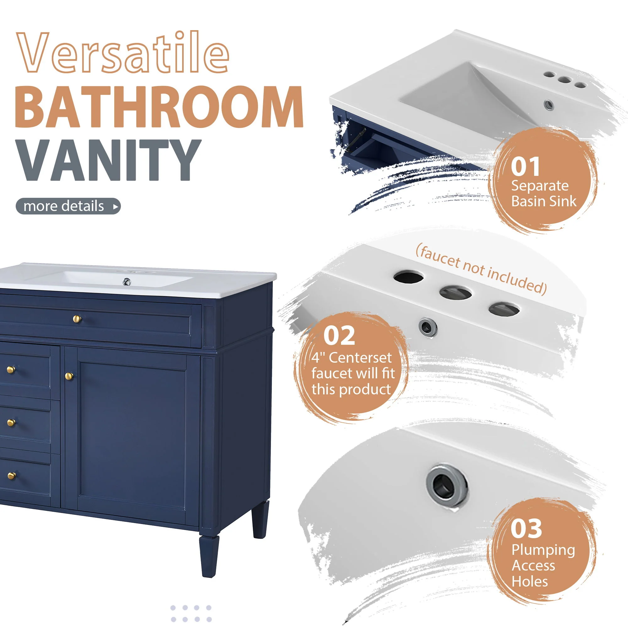 Bathroom Vanity With Mirror Cabinet, Single Sink With 2 Soft Closing Doors And 4 Drawers - Image 11
