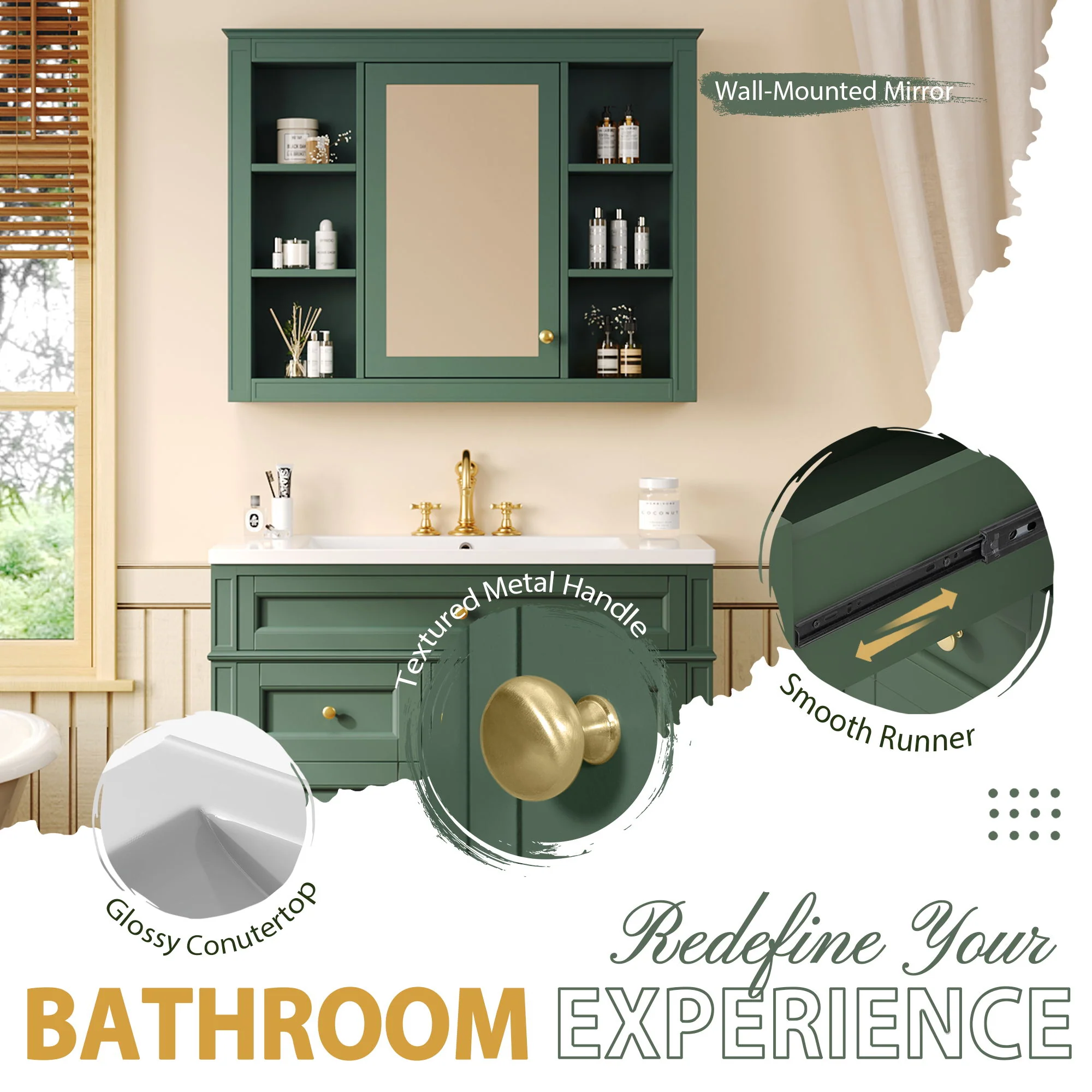 Bathroom Vanity With Mirror Cabinet, Single Sink With 2 Soft Closing Doors And 4 Drawers - Image 31