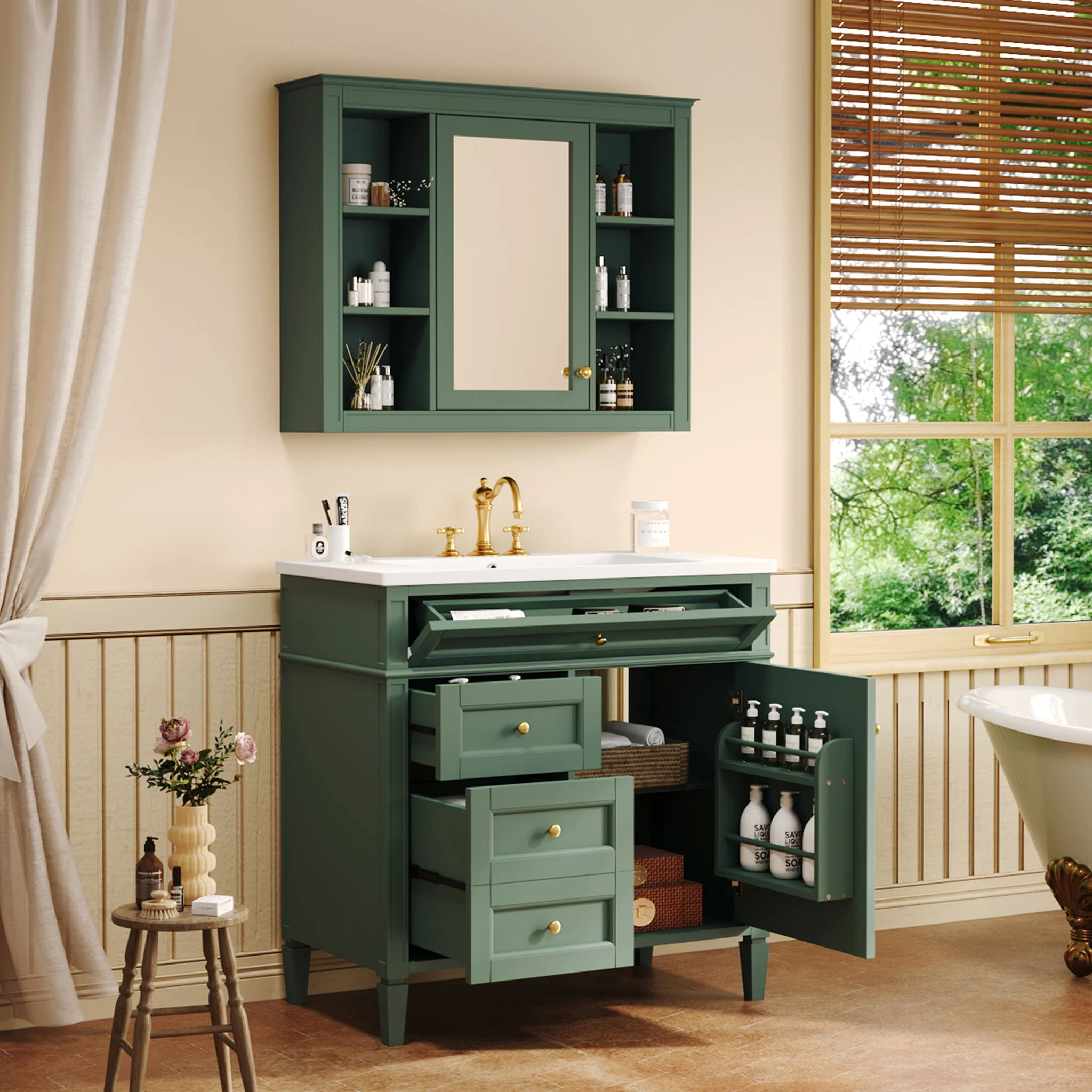 Bathroom Vanity With Mirror Cabinet, Single Sink With 2 Soft Closing Doors And 4 Drawers - Image 38