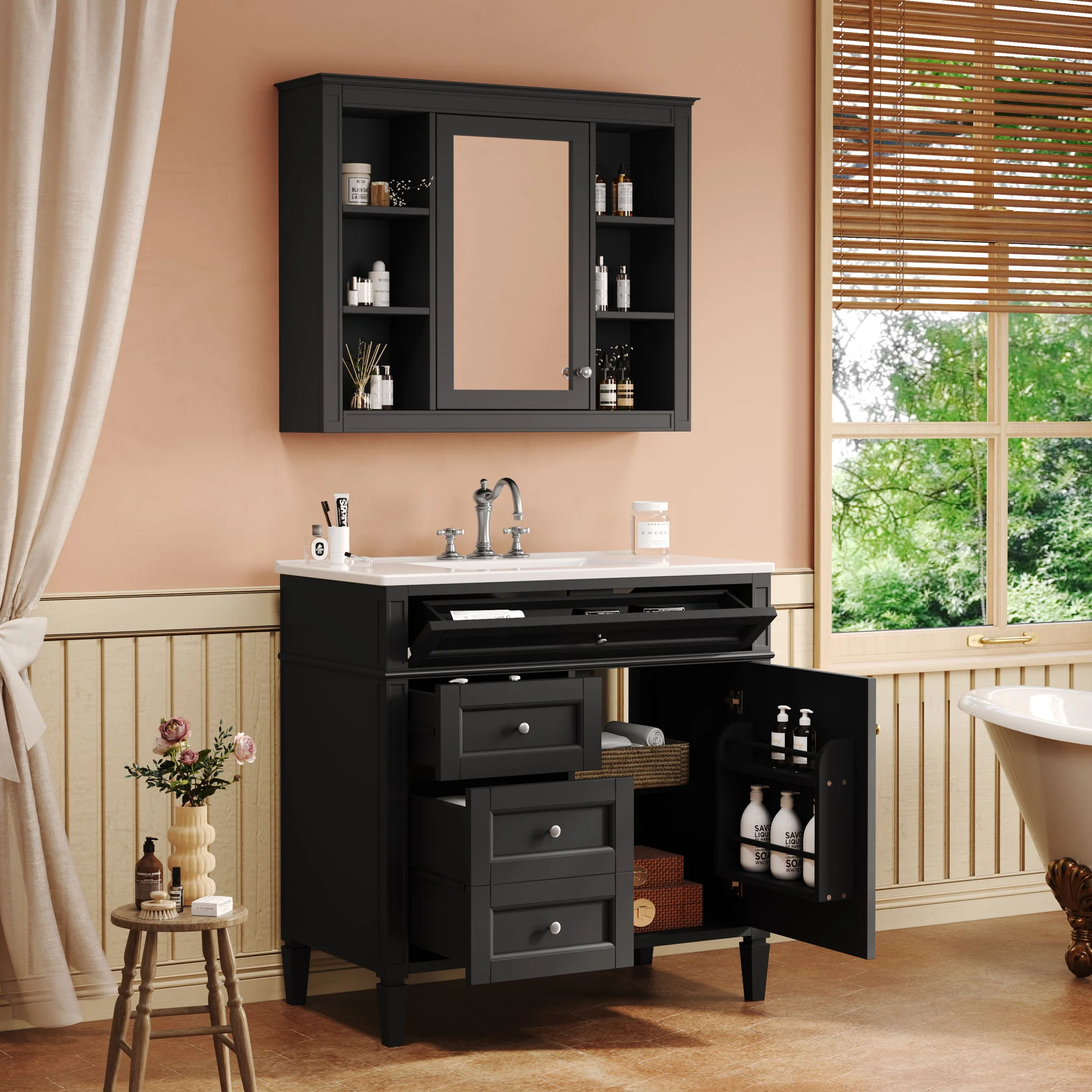 Bathroom Vanity With Mirror Cabinet, Single Sink With 2 Soft Closing Doors And 4 Drawers - Image 45