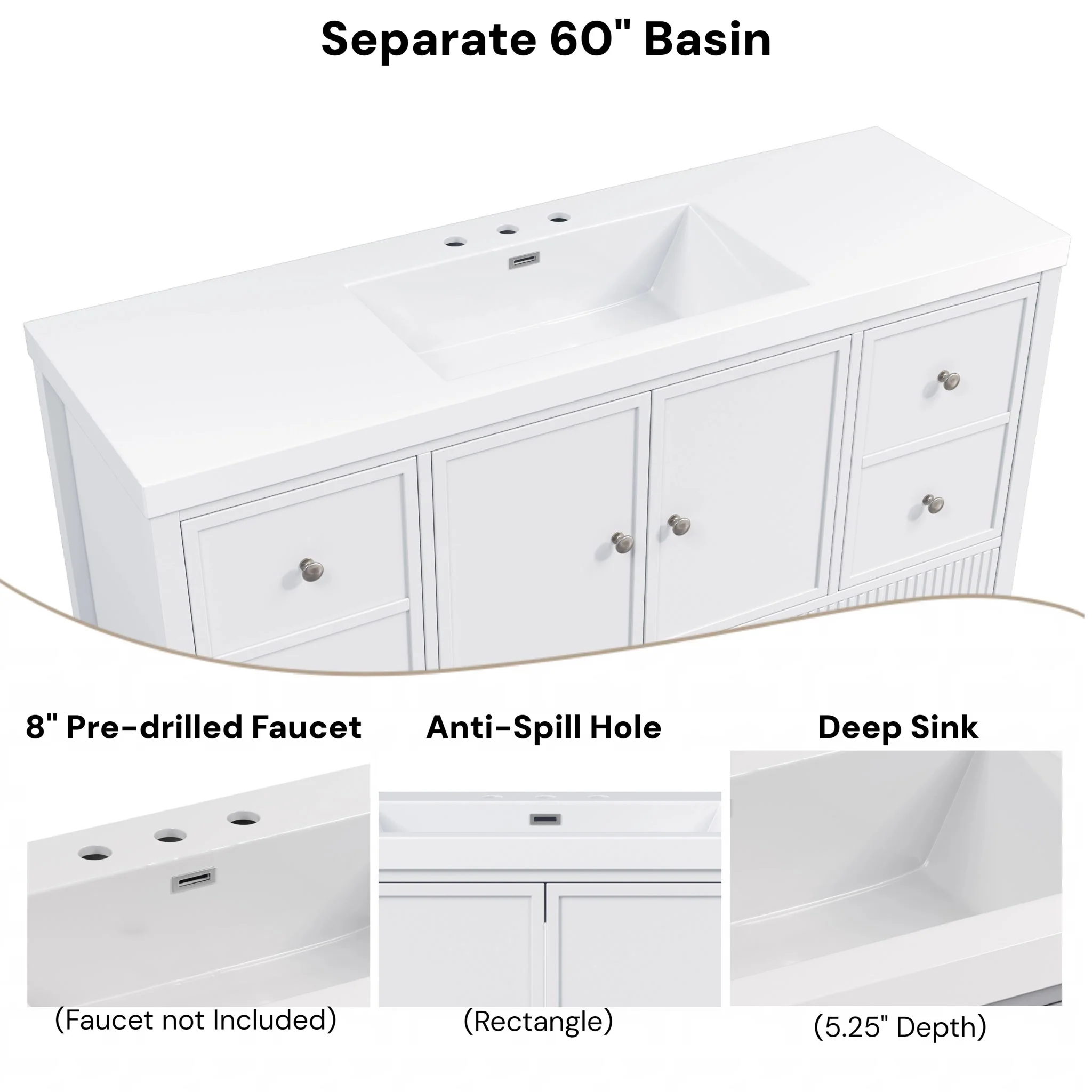 Bathroom Vanity With Separate Sink, Soft Close Doors And 4 Drawers - Image 11