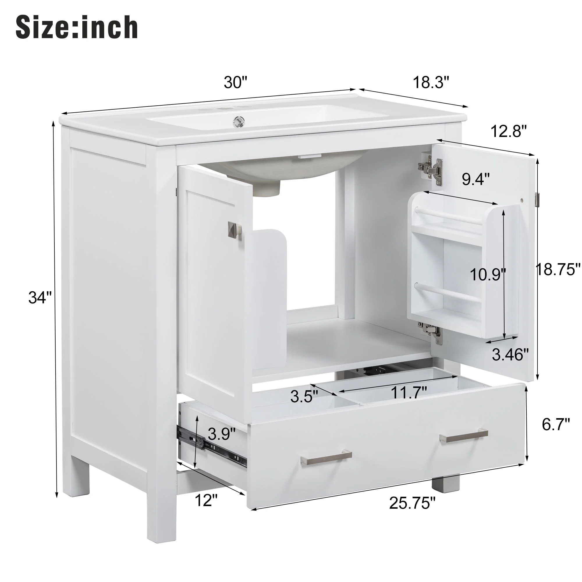Bathroom Vanity With Single Sink, Combo Cabinet Undermount Sink, Bathroom Storage Cabinet With Two Doors And A Drawer, Soft Closing, Multifunctional Storage, Solid Wood Frame - Image 13