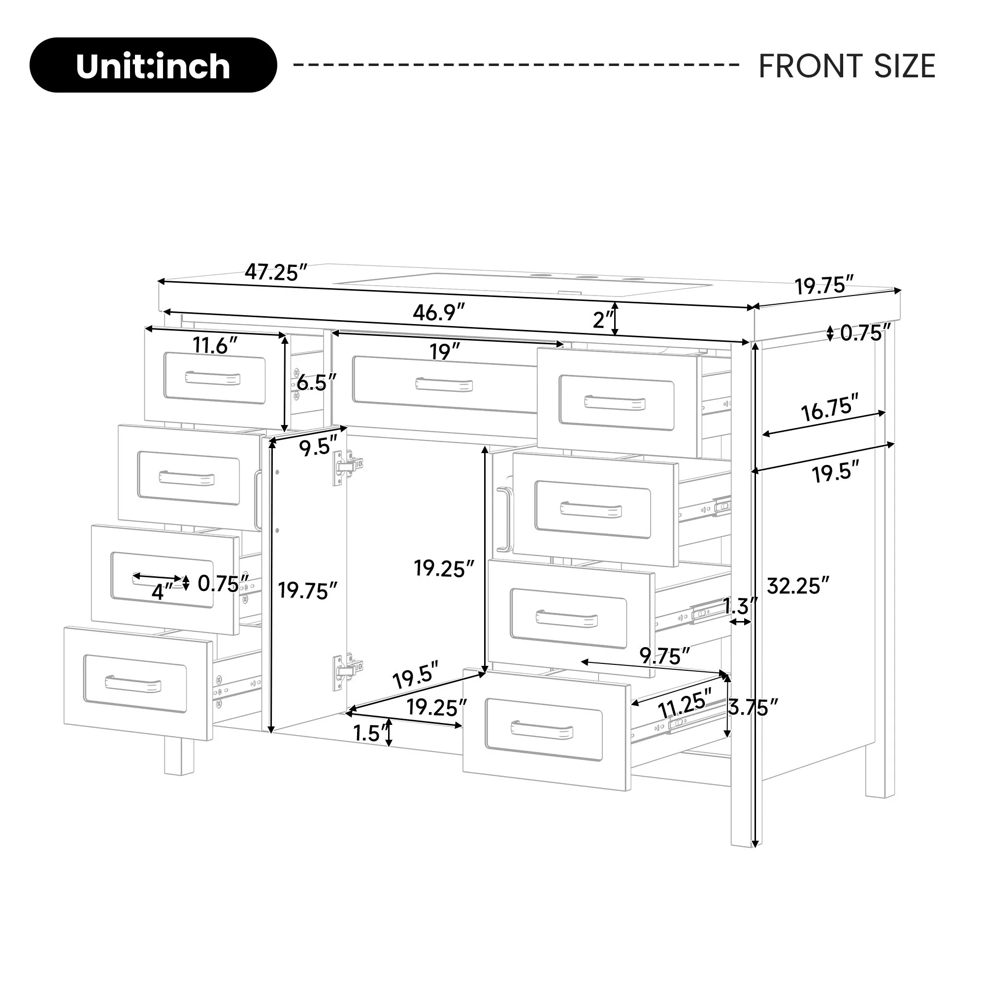 Bathroom Vanity With Sink, 2 Doors 8 Drawers, Soft Close System, Classic Design - Image 17