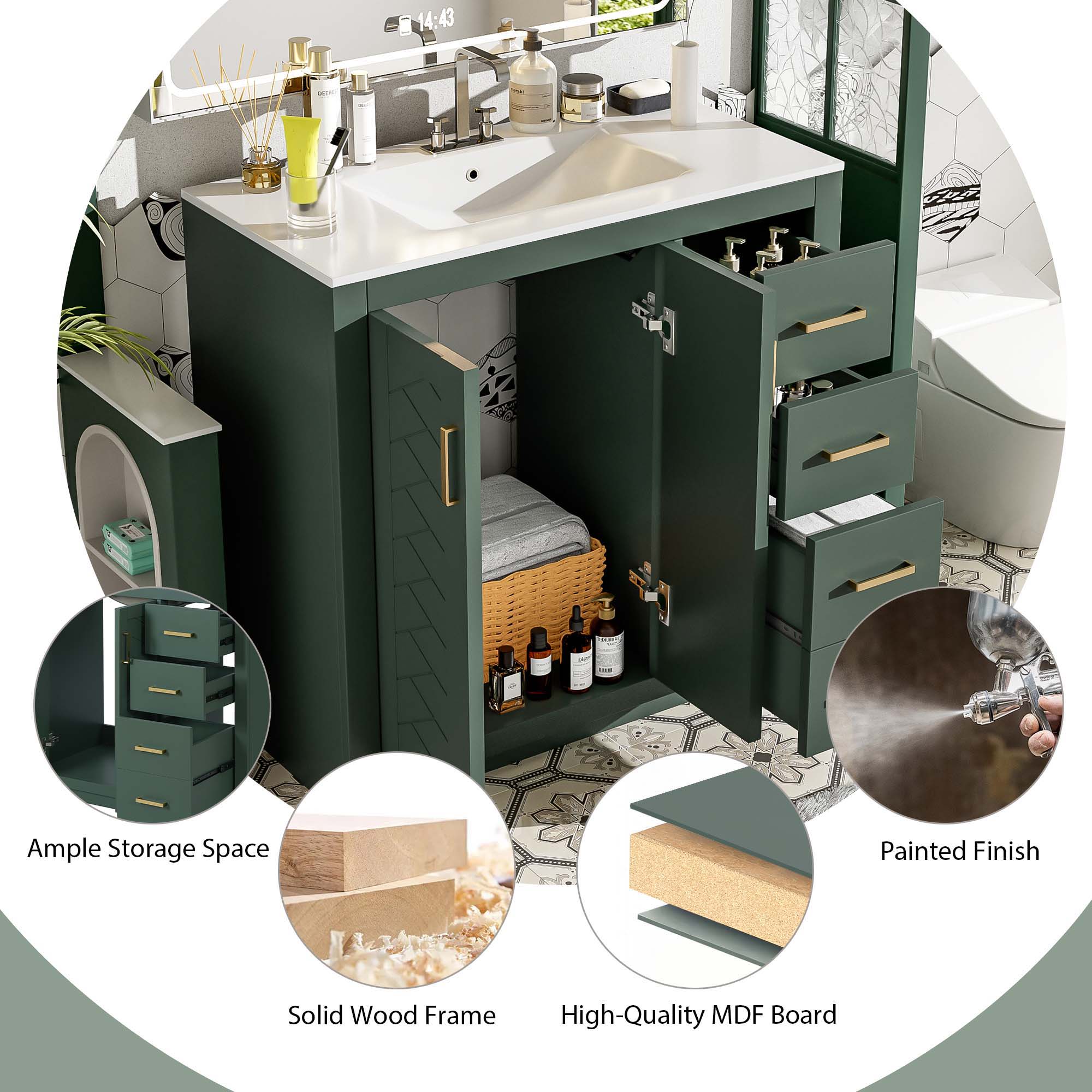 Bathroom Vanity With Sink Combo, Storage Cabinet, Freestanding Set With 3 Drawers & Soft Closing Doors - Image 9
