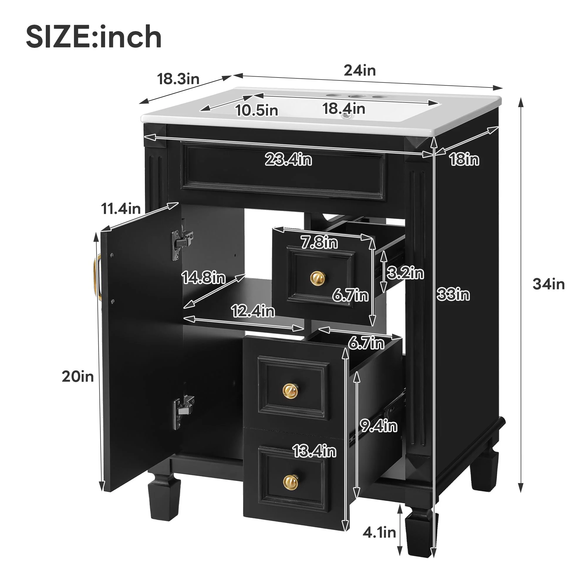 Bathroom Vanity With Sink, Compact Cabinet & 2 Drawers And Adjustable Shelf - Image 46