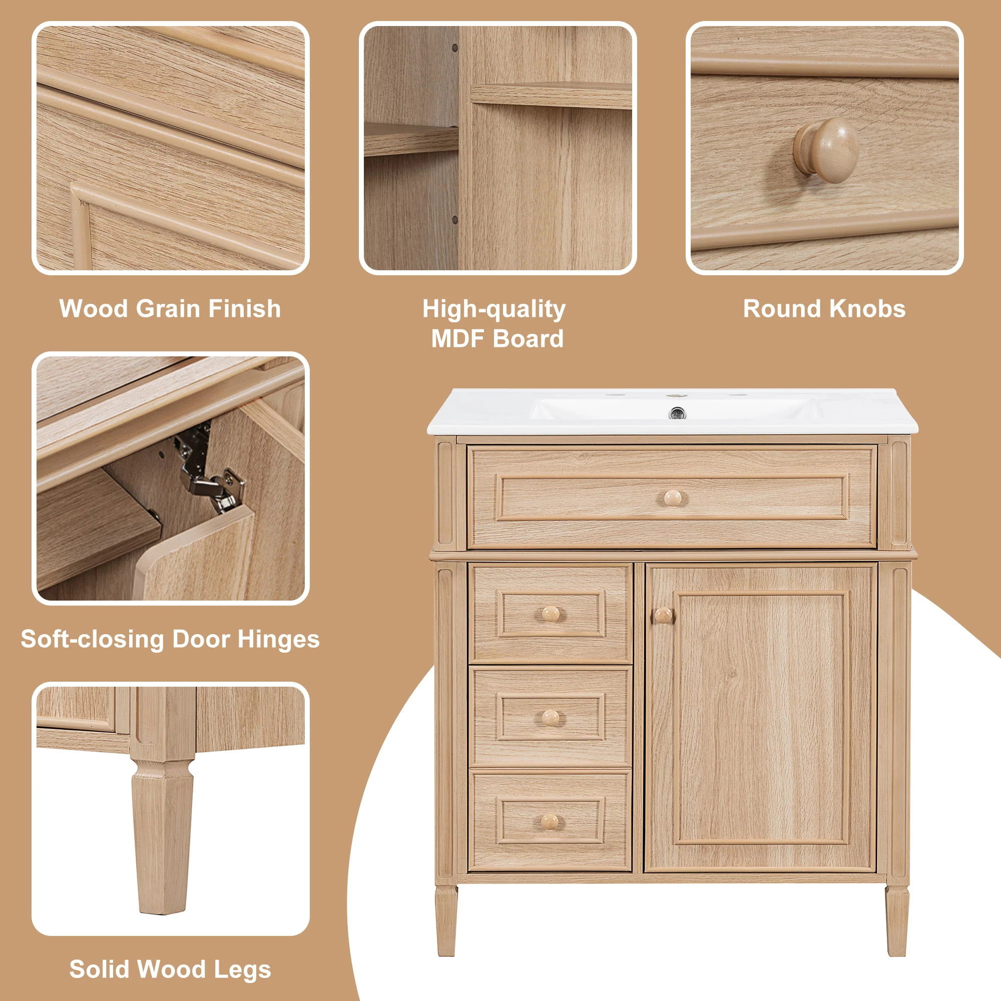 Bathroom Vanity With Sink, Flip Out Drawer, 2 Soft Close Drawers, 1 Soft Close Door - Wood - Image 6