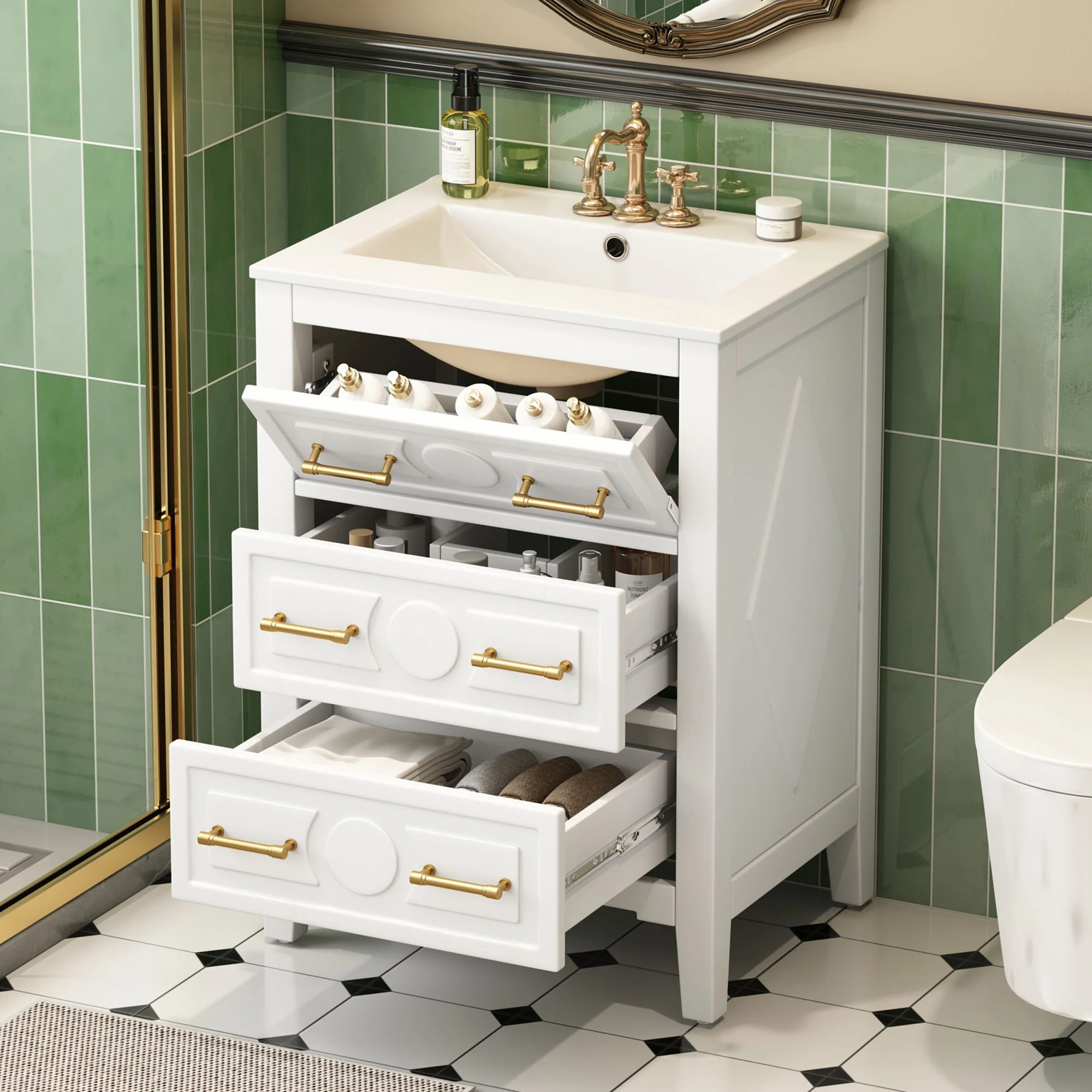 Bathroom Vanity With Sink, Free Standing Single Set, 3 Drawer Storage Cabinet - Image 3