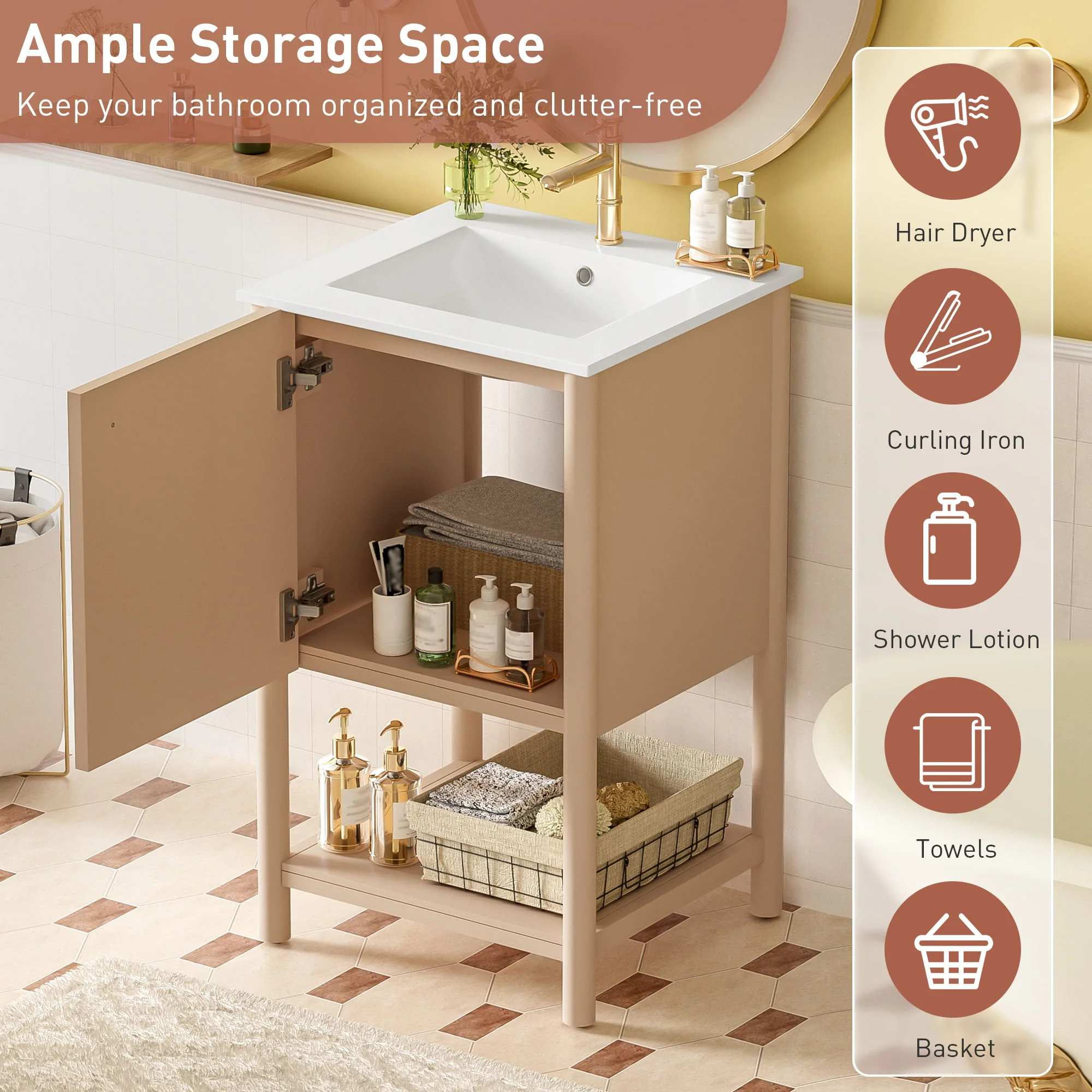 Bathroom Vanity With Sink, Freestanding Single Cabinet Set - Cream White - Image 8