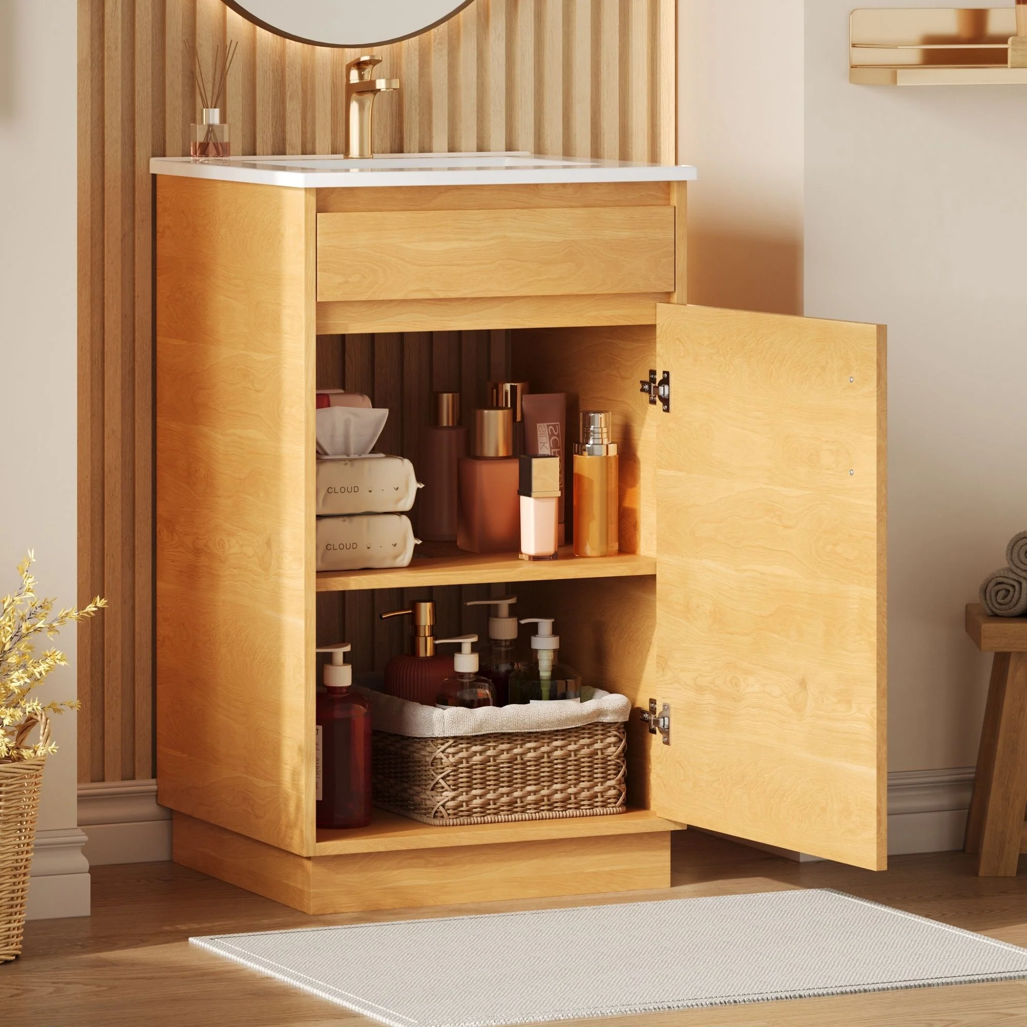 Bathroom Vanity With Sink, Freestanding Single Cabinet With Soft Closing Door And Adjustable Shelf - Natural Wood - Image 3