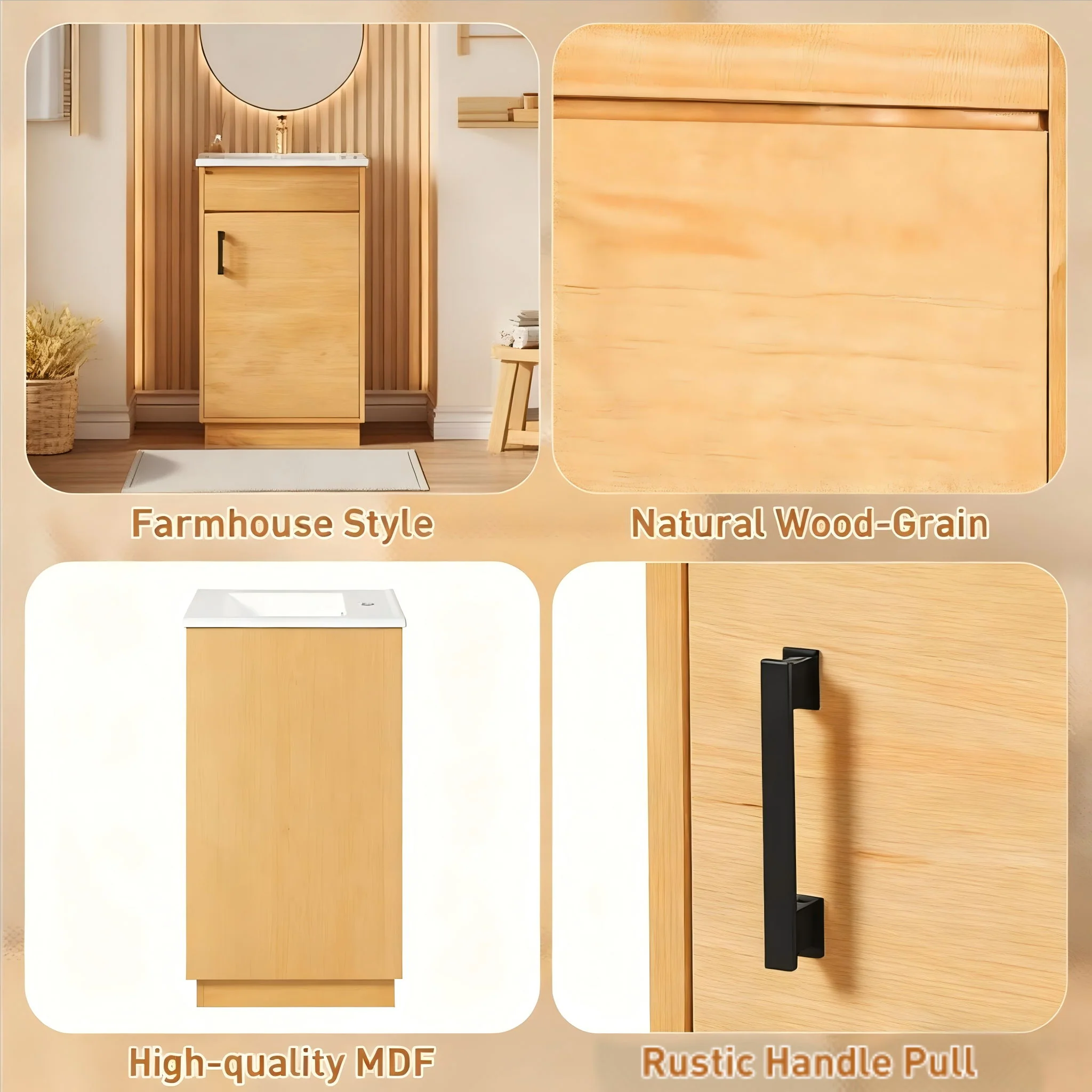 Bathroom Vanity With Sink, Freestanding Single Cabinet With Soft Closing Door And Adjustable Shelf - Natural Wood - Image 9