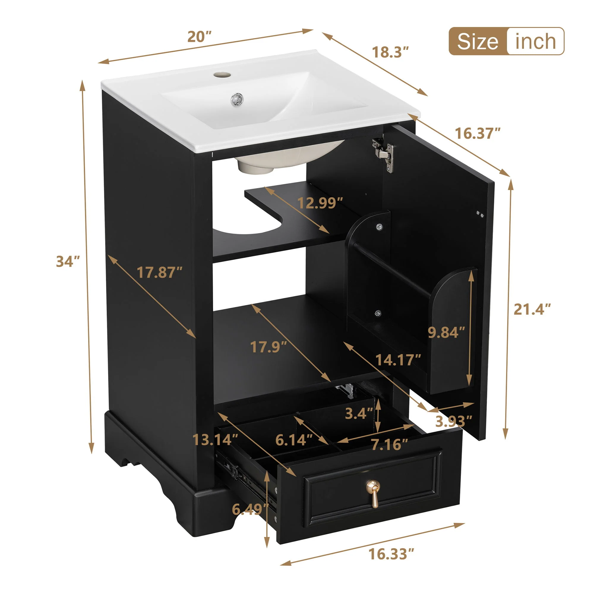 Bathroom Vanity With Sink, Soft Close Door, Adjustable U-Shaped Shelf - Image 16