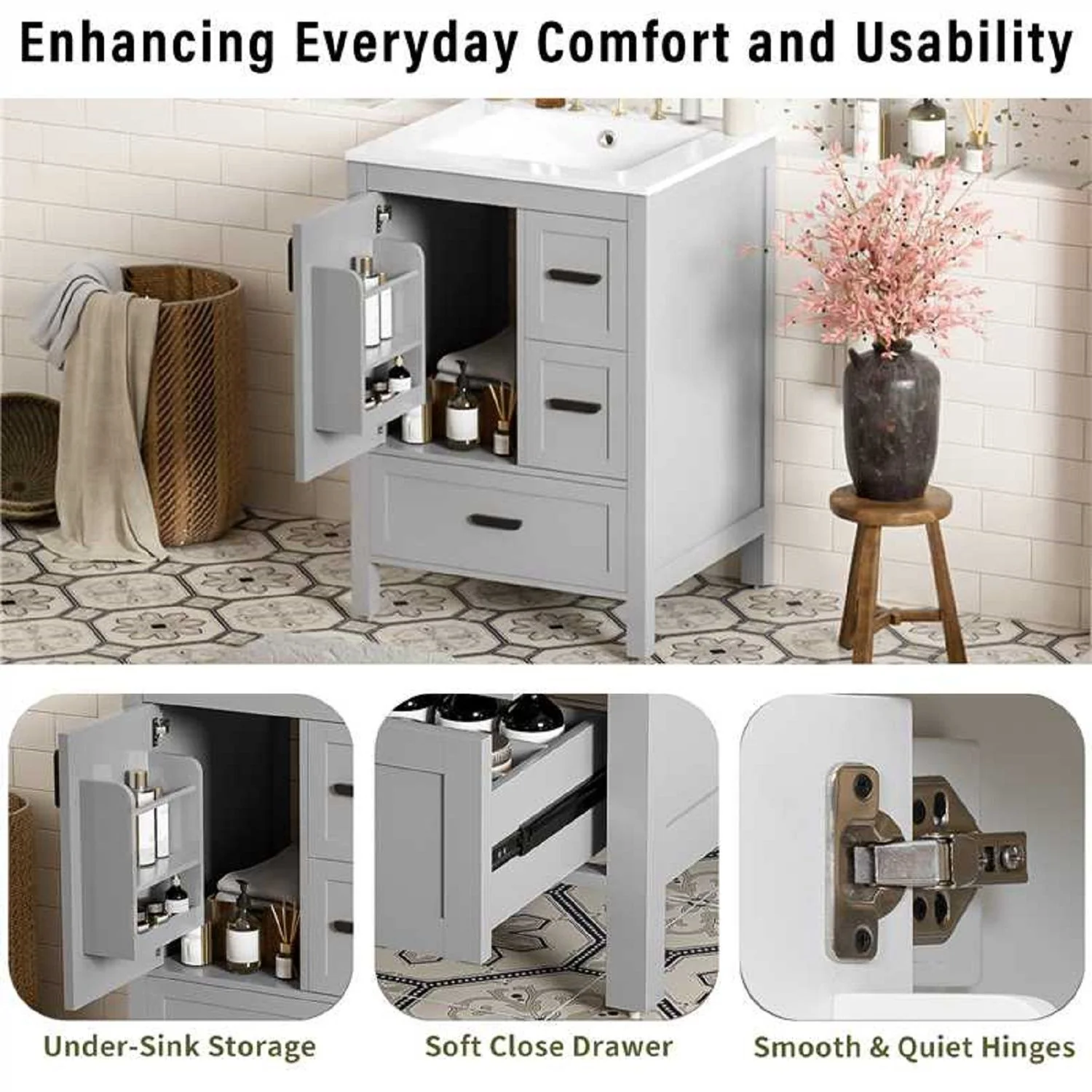 Bathroom Vanity With Sink, Soft Close Door, Double Layer Door Shelf And 3 Drawers - Gray - Image 2