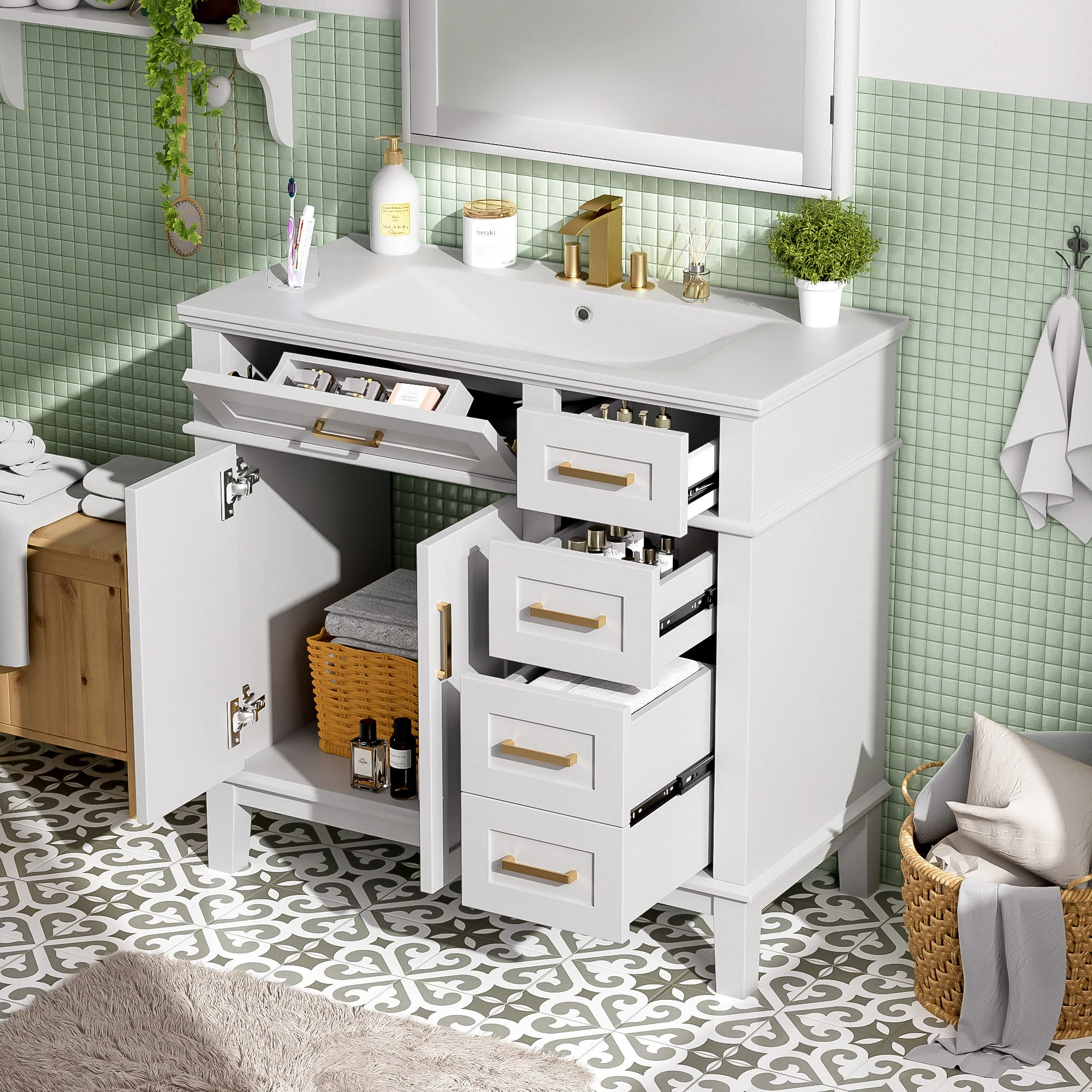 Bathroom Vanity With Sink, Soft Close Doors, 4 Storage Drawers - Image 12