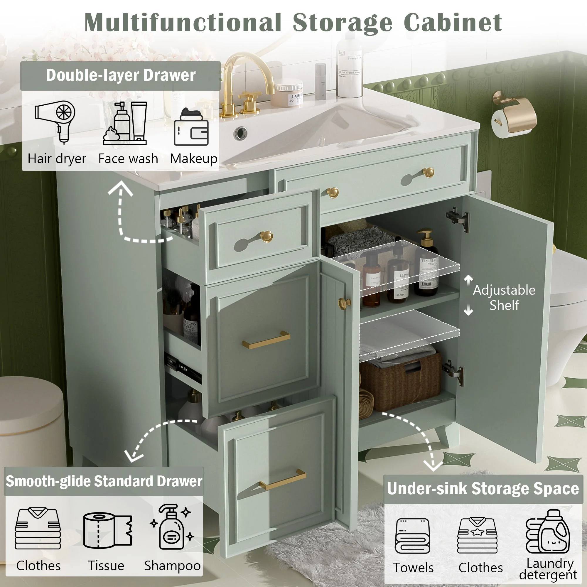 Bathroom Vanity With Sink, Soft Close Doors, Adjustable Shelves - Image 13