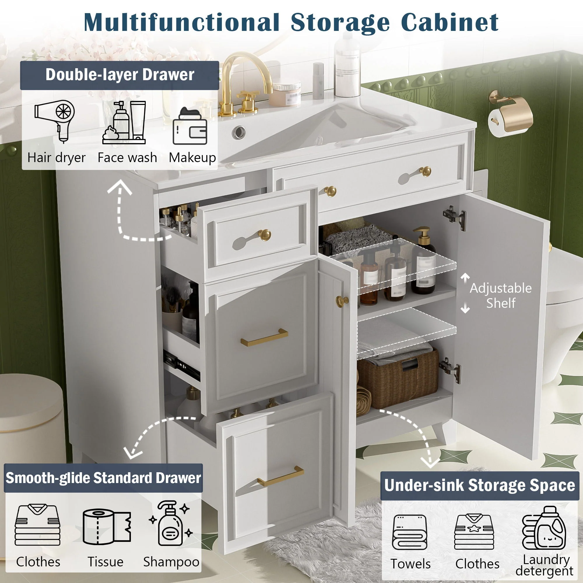 Bathroom Vanity With Sink, Soft Close Doors, Adjustable Shelves - Image 24