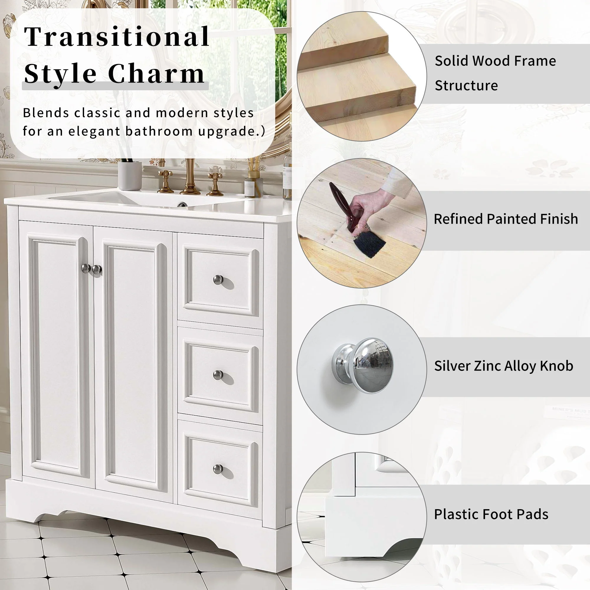 Bathroom Vanity With Sink, Soft-Close Doors, Adjustable U-Shelf, 3 Drawers - Image 5