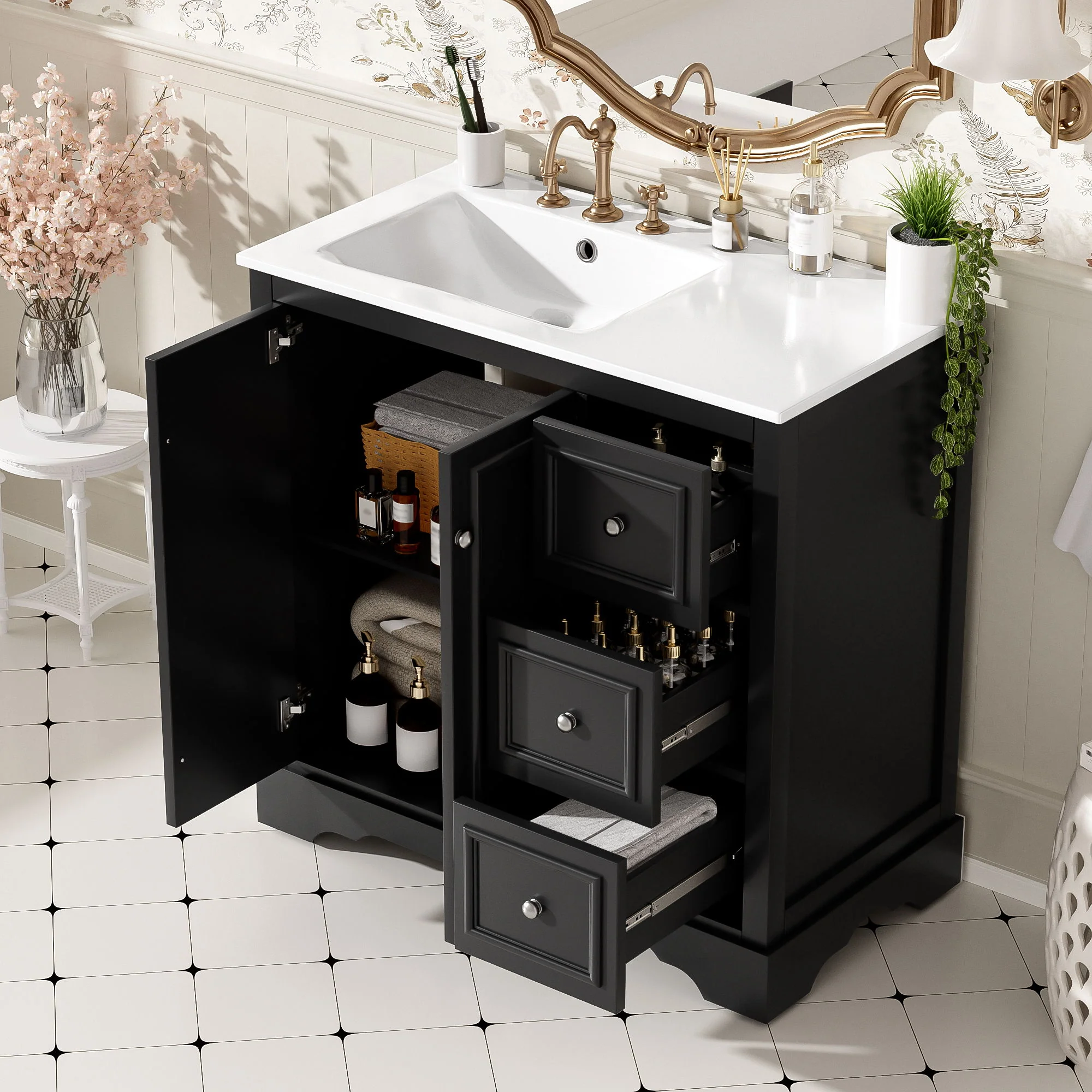 Bathroom Vanity With Sink, Soft-Close Doors, Adjustable U-Shelf, 3 Drawers - Image 6