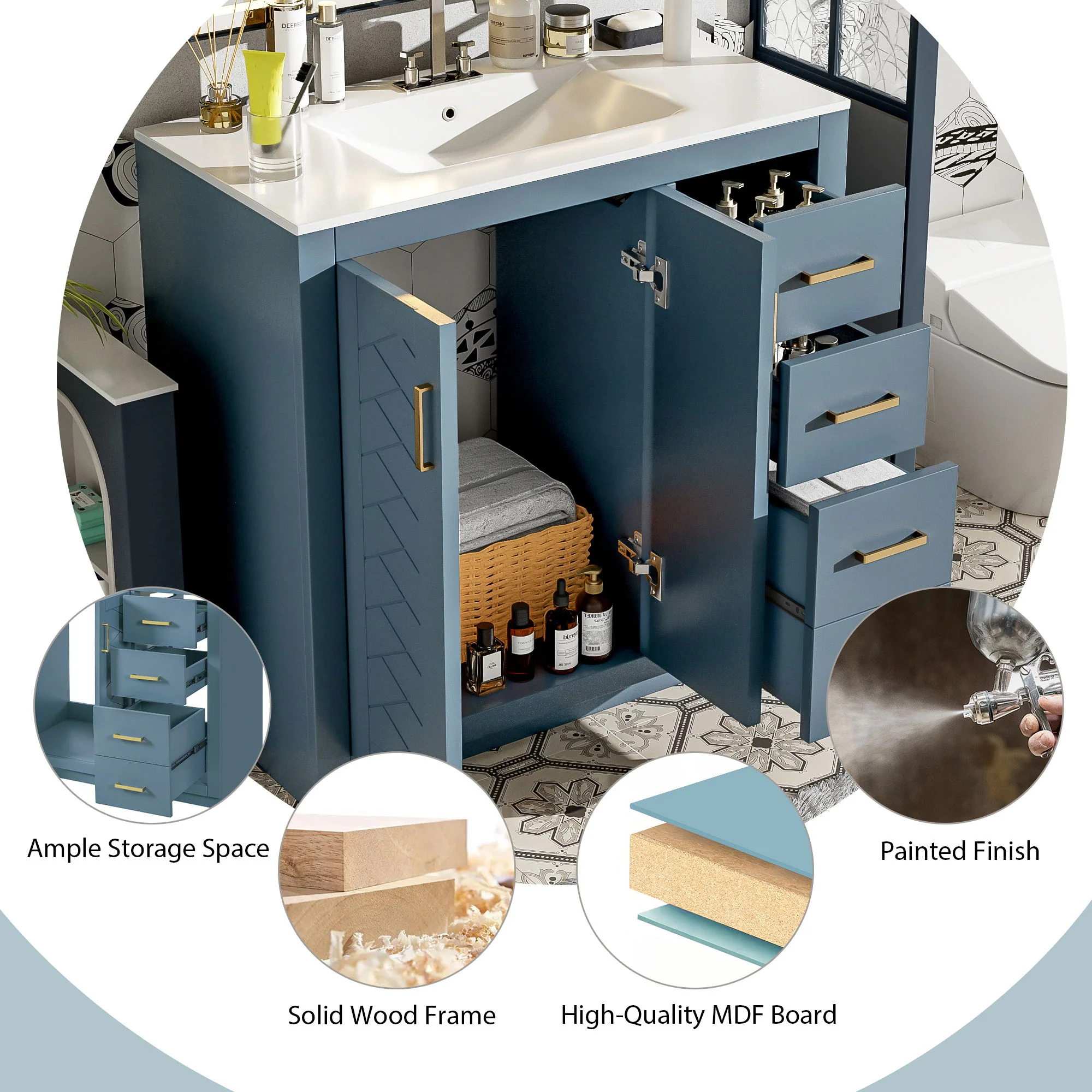 Bathroom Vanity With Sink, Storage Cabinet, Freestanding Set With 3 Drawers & Soft Closing Doors - Indigo - Image 7