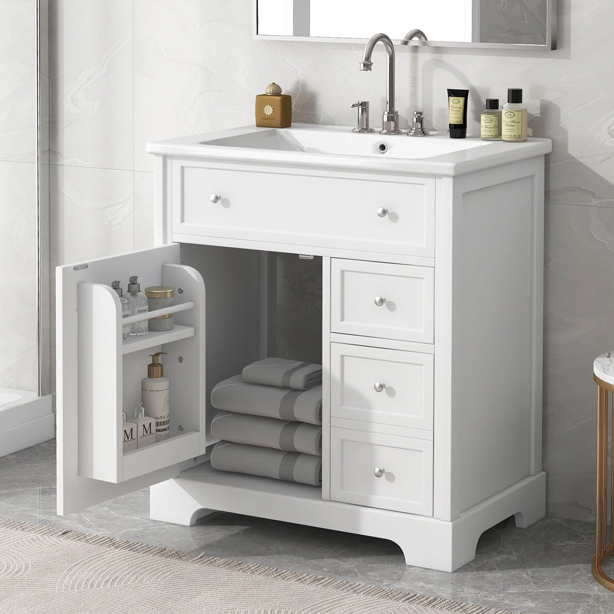 Bathroom Vanity With Sink Top, Cabinet With Door And 2 Drawers - White - Image 5