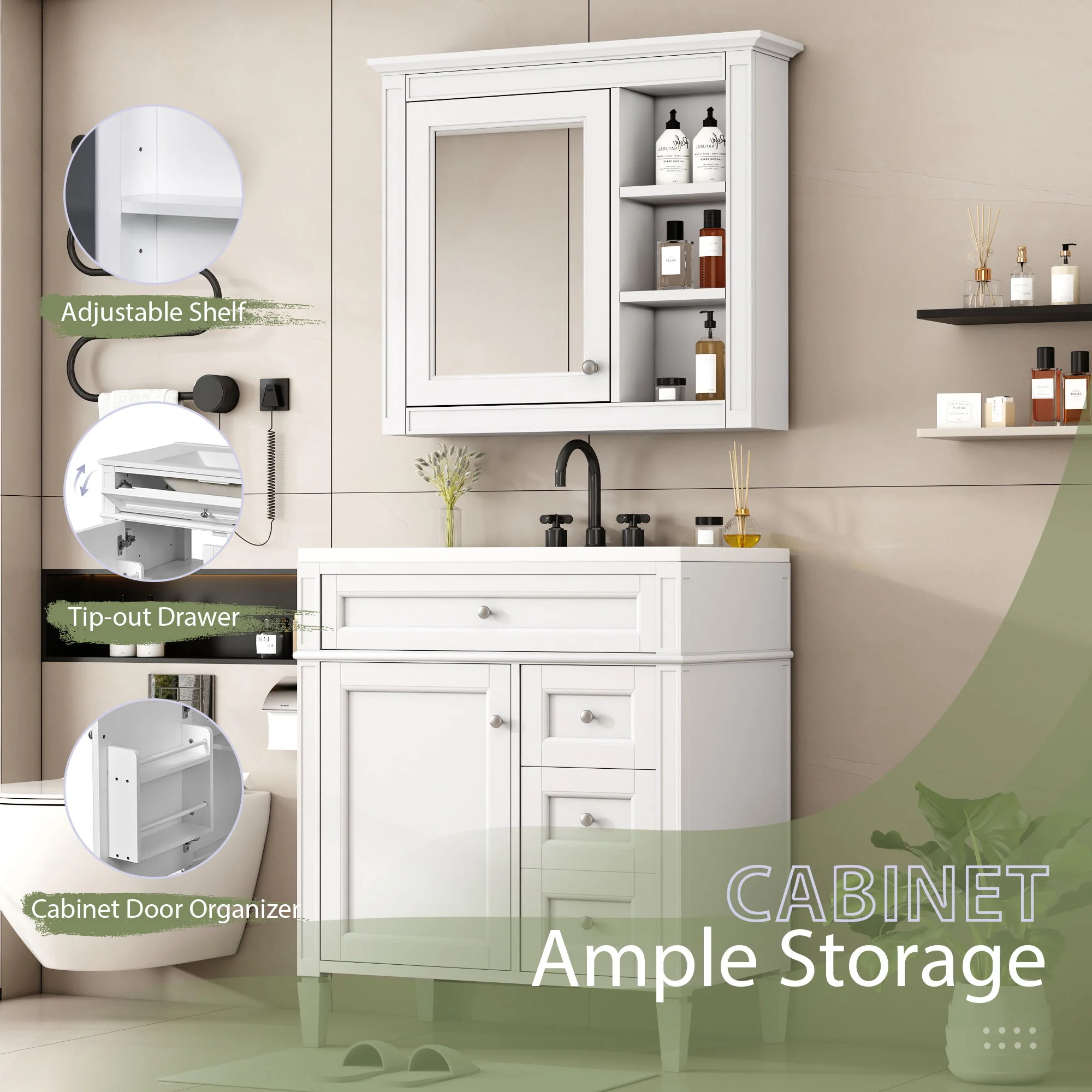 Bathroom Vanity With Top Sink, 2 Doors And 3 Drawers, Freestanding Set With Mirror Cabinet - Image 29