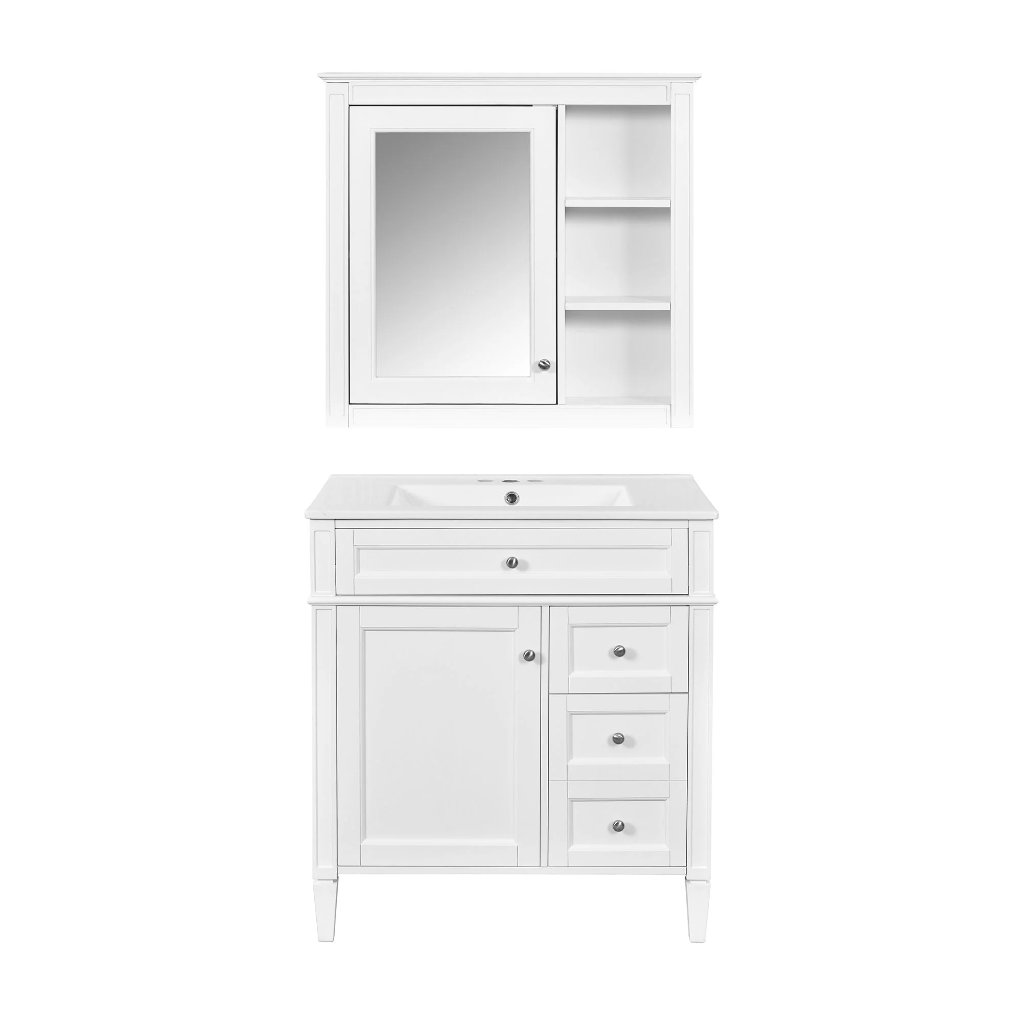 Bathroom Vanity With Top Sink, 2 Doors And 3 Drawers, Freestanding Set With Mirror Cabinet - Image 3