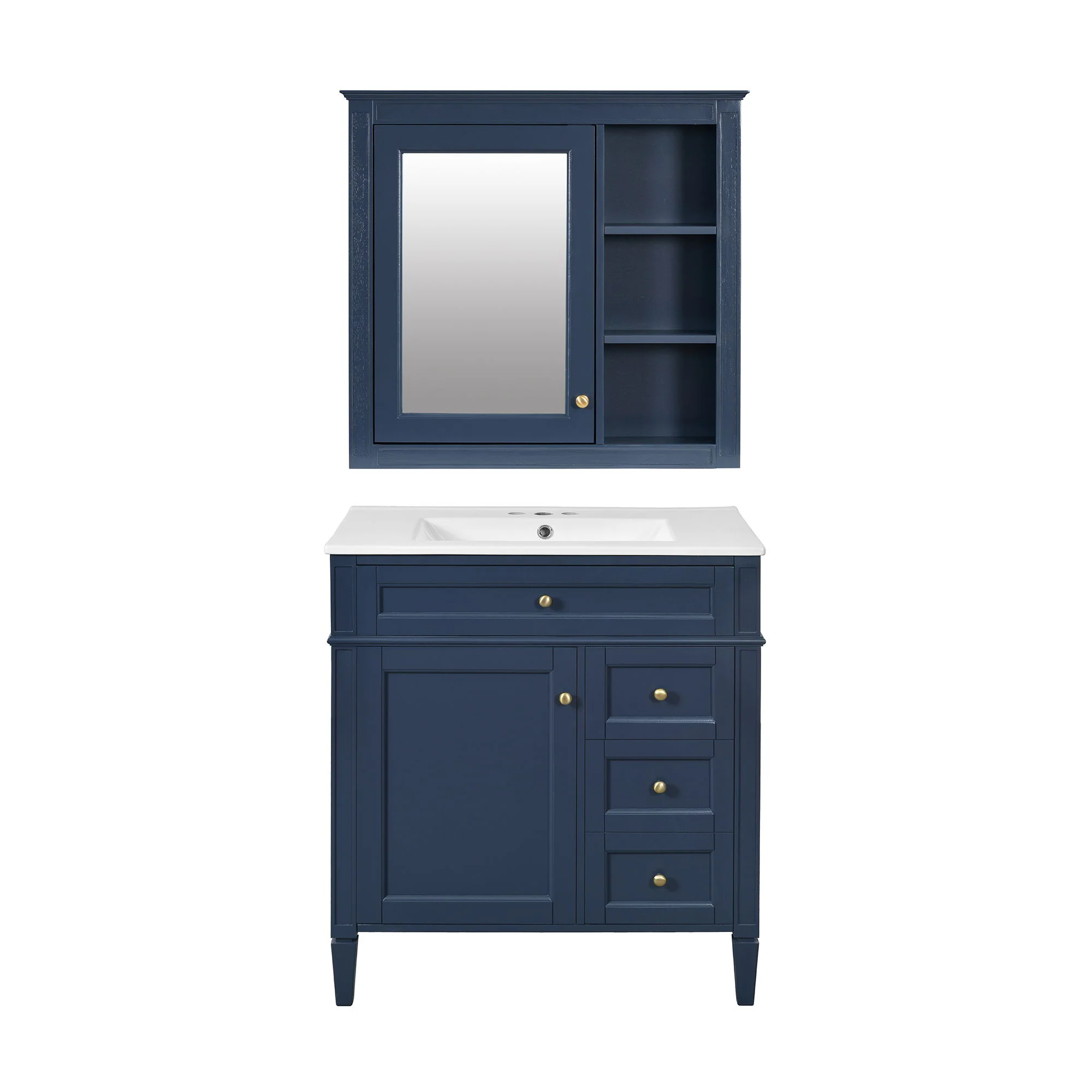 Bathroom Vanity With Top Sink, 2 Doors And 3 Drawers, Freestanding Set With Mirror Cabinet - Image 4