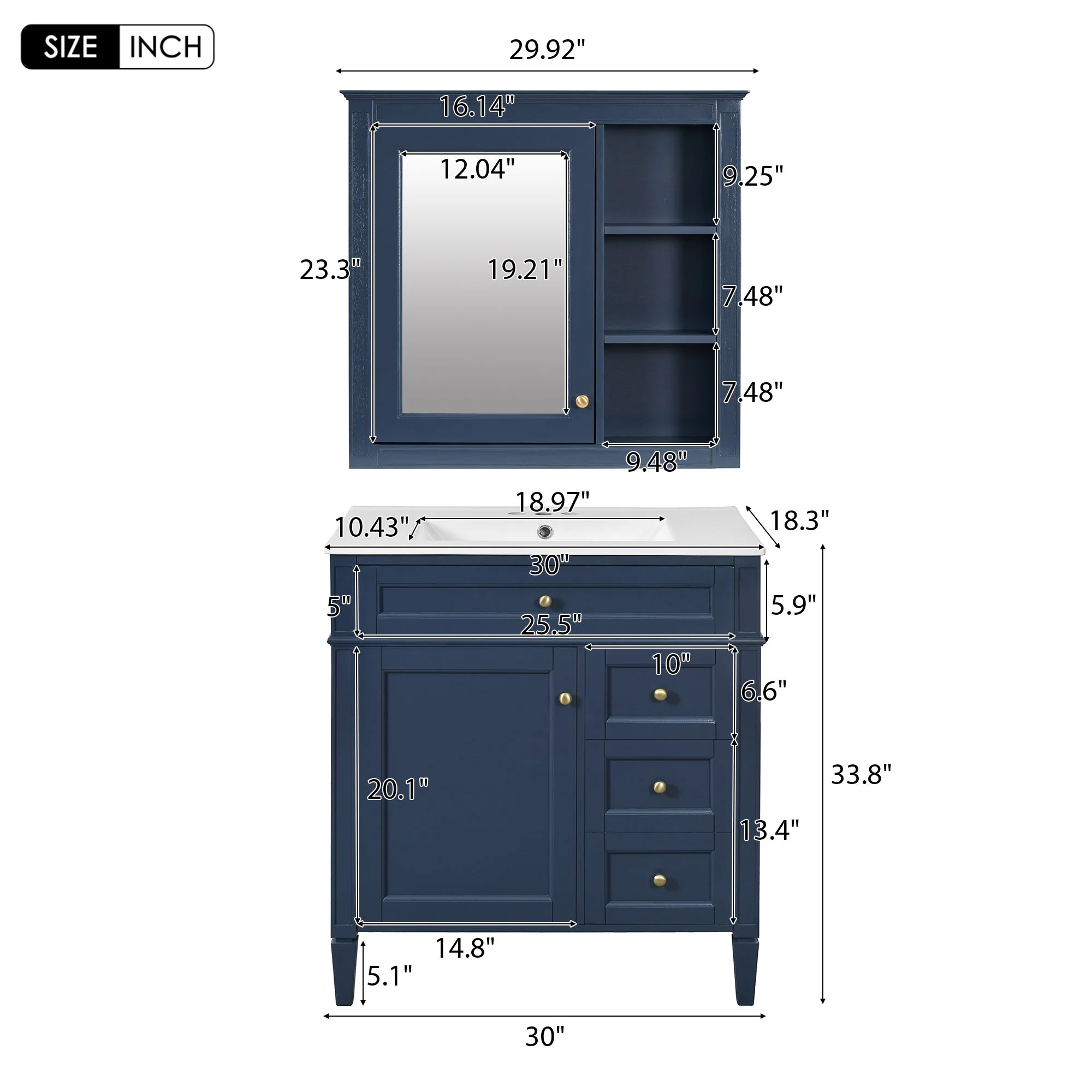 Bathroom Vanity With Top Sink, 2 Doors And 3 Drawers, Freestanding Set With Mirror Cabinet - Image 43
