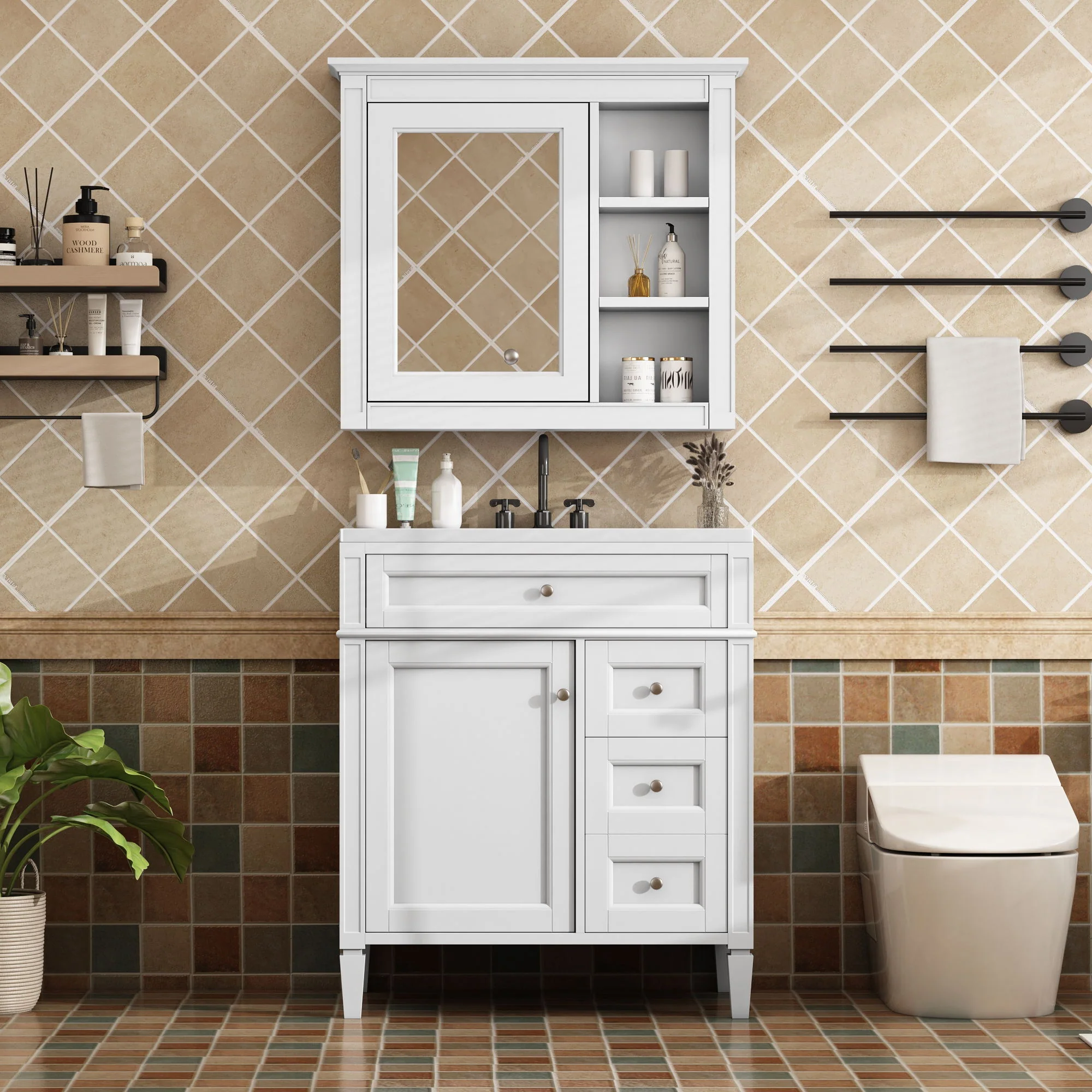 Bathroom Vanity With Top Sink, 2 Doors And 3 Drawers, Freestanding Set With Mirror Cabinet - Image 44