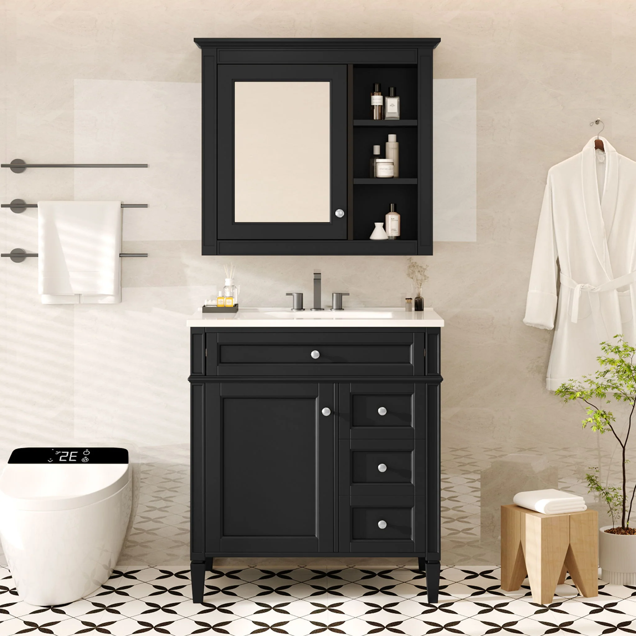 Bathroom Vanity With Top Sink, 2 Doors And 3 Drawers, Freestanding Set With Mirror Cabinet - Image 6
