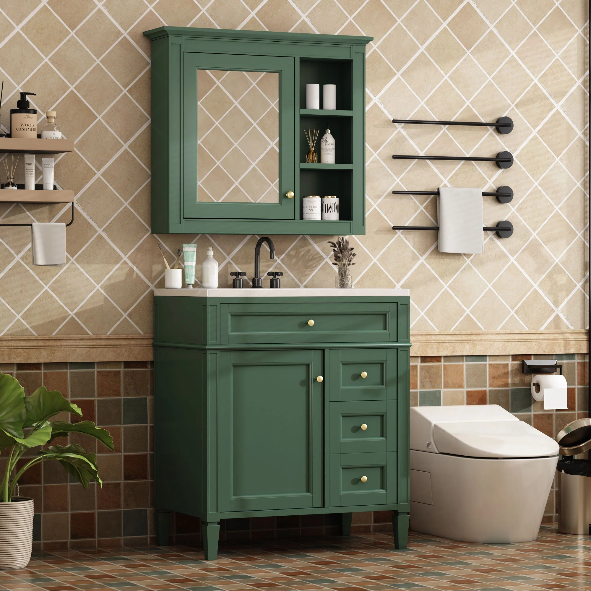 Bathroom Vanity With Top Sink, 2 Doors And 3 Drawers, Freestanding Set With Mirror Cabinet - Image 8