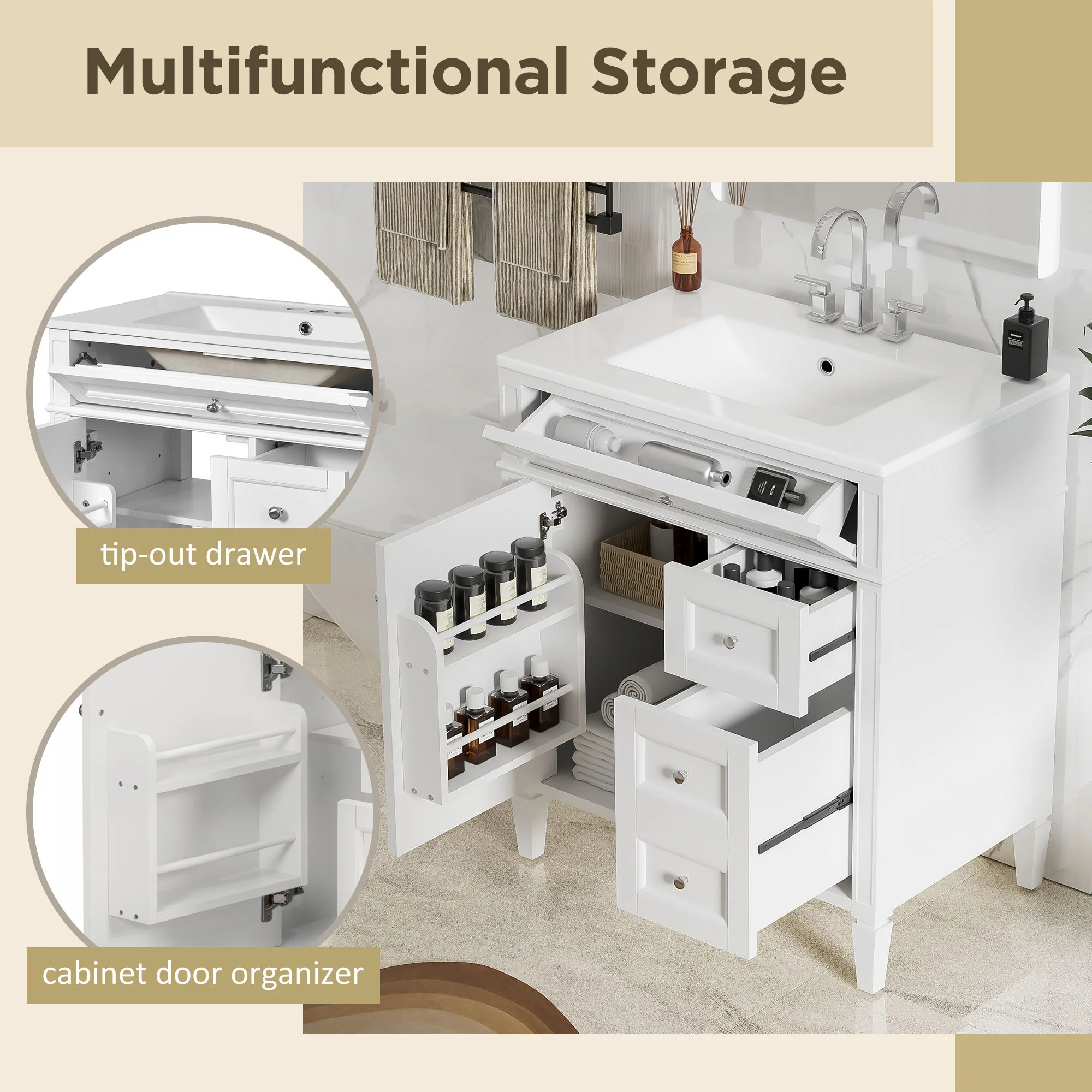 Bathroom Vanity With Top Sink, 2 Drawers & Tip Out Drawer - Image 28