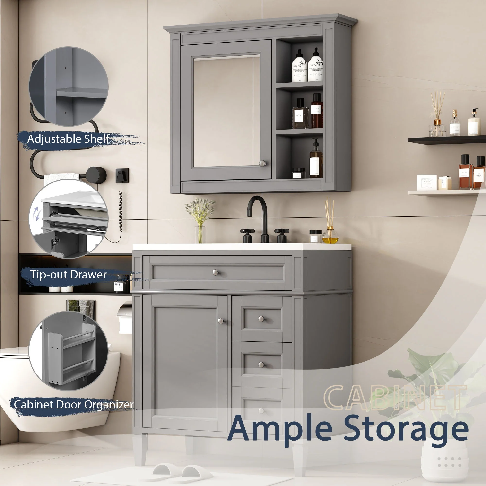 Bathroom Vanity With Top Sink, Freestanding Storage Cabinet With 2 Doors And 3 Drawers, Mirror Cabinet Included - Gray - Image 6