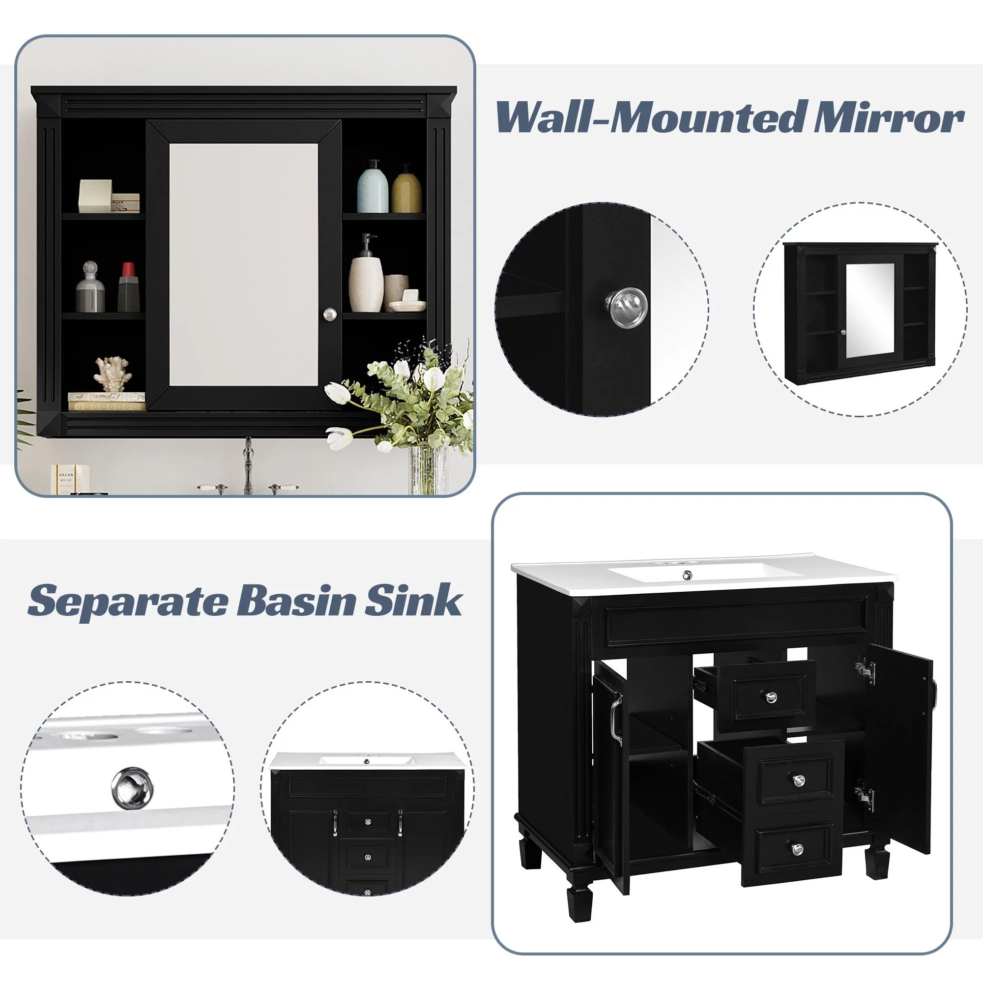Bathroom Vanity With Top Sink, Mirror Cabinet, 2 Soft Closing Doors & 2 Drawers - Image 12