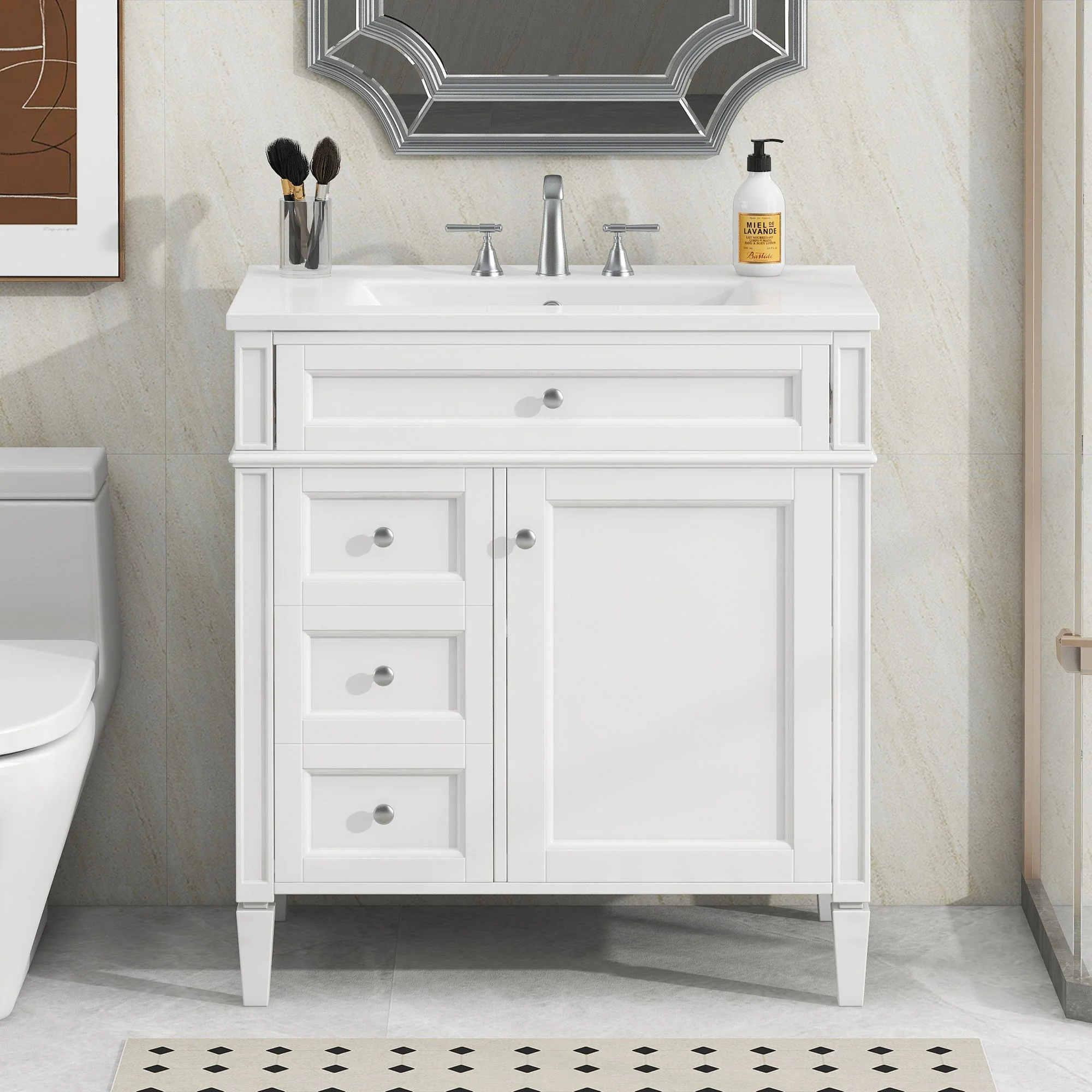 Bathroom Vanity With Top Sink, Modern Bathroom Storage Cabinet With 2 Drawers And A Tip-Out Drawer - Image 4