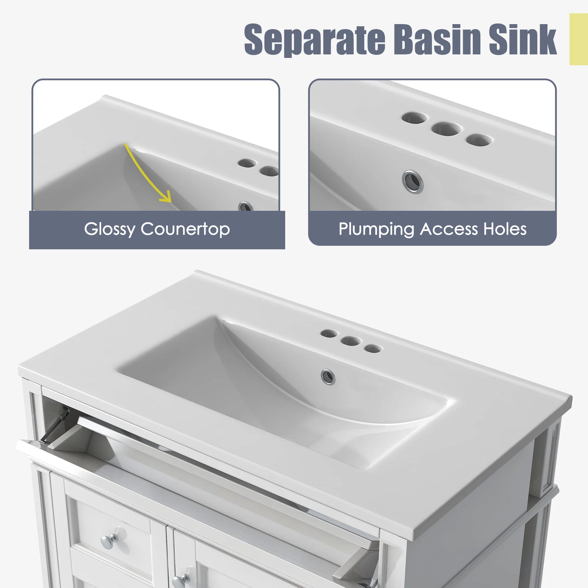 Bathroom Vanity With Top Sink, Modern Bathroom Storage Cabinet With 2 Drawers And A Tip-Out Drawer - Image 7
